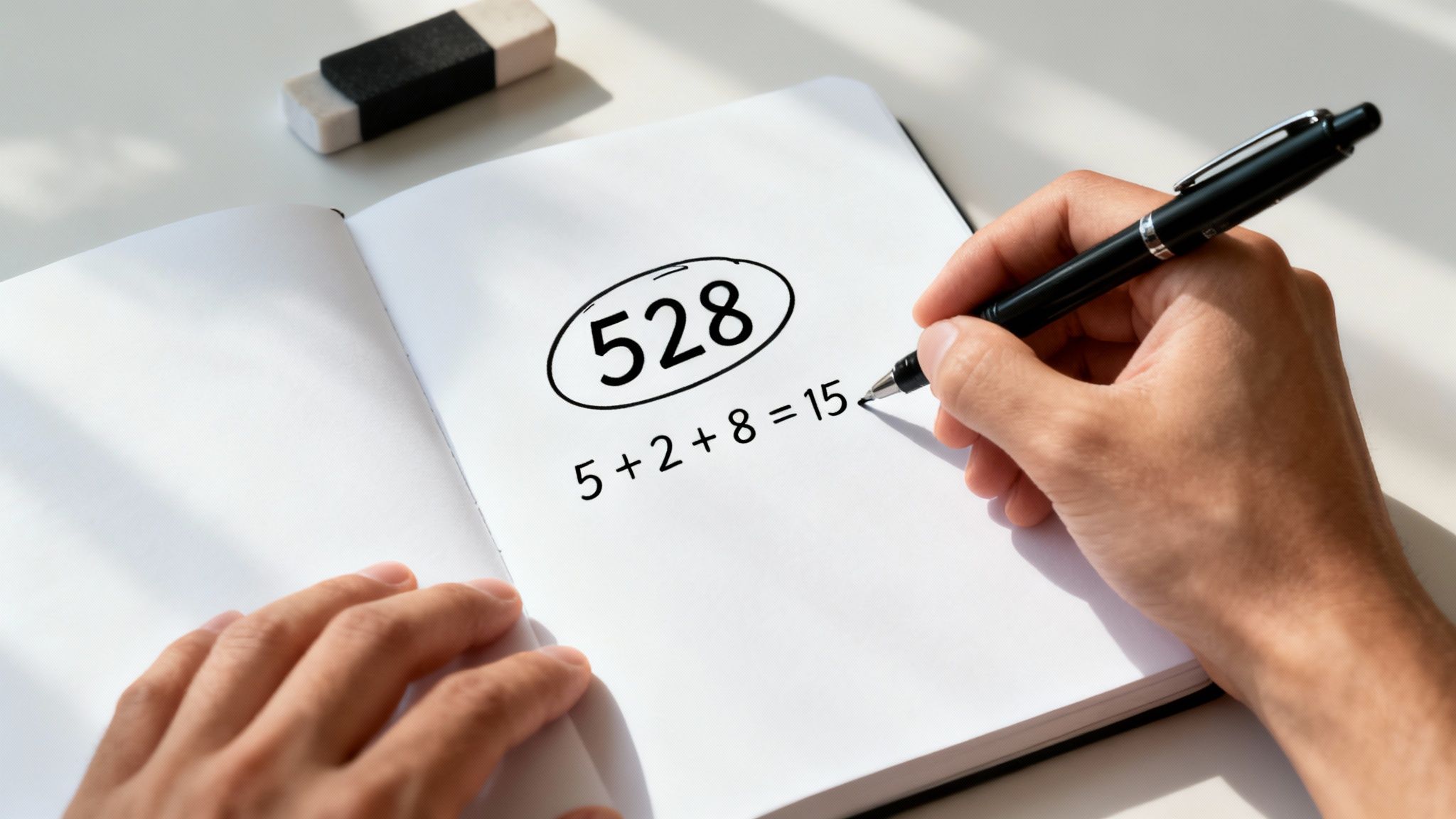 Main écrivant l'équation cinq plus deux plus huit égale quinze avec le nombre 528 entouré dans un cahier