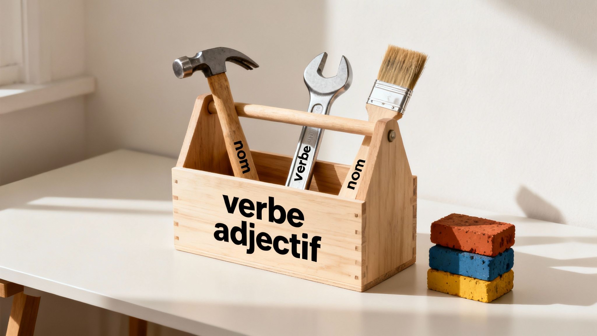 Boîte à outils en bois avec outils étiquetés "nom" et "verbe", plus "verbe adjectif" sur le côté. Des briques colorées sont présentes.