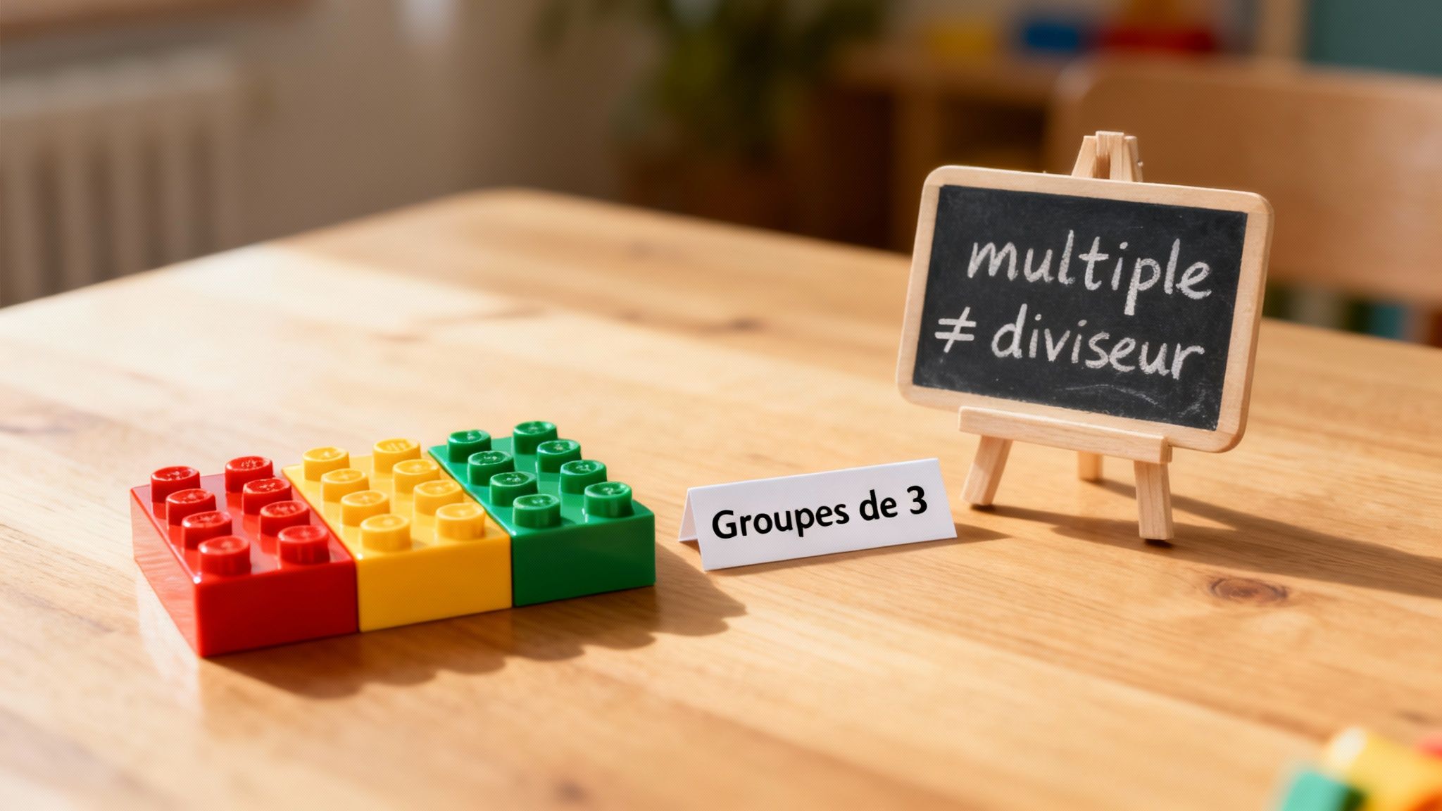 Des briques Lego colorées, une ardoise avec 'multiple ≠ diviseur' et une carte 'Groupes de 3' sur une table en bois, illustrant des concepts mathématiques.
