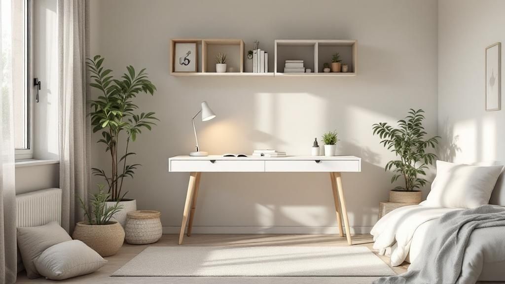 Un bureau d'enfant bien organisé, avec un bon éclairage et des rangements pratiques.