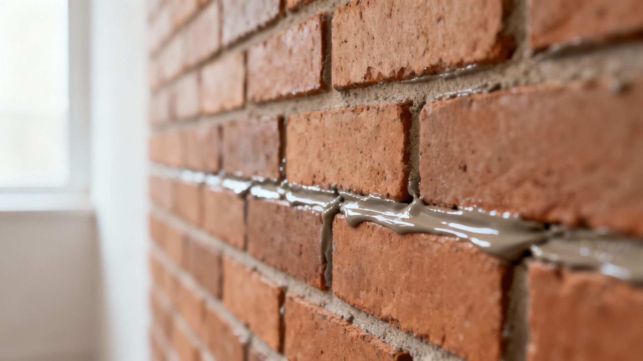 Gros plan sur un mur de briques rouges en construction, avec du mortier frais s'écoulant entre les joints.