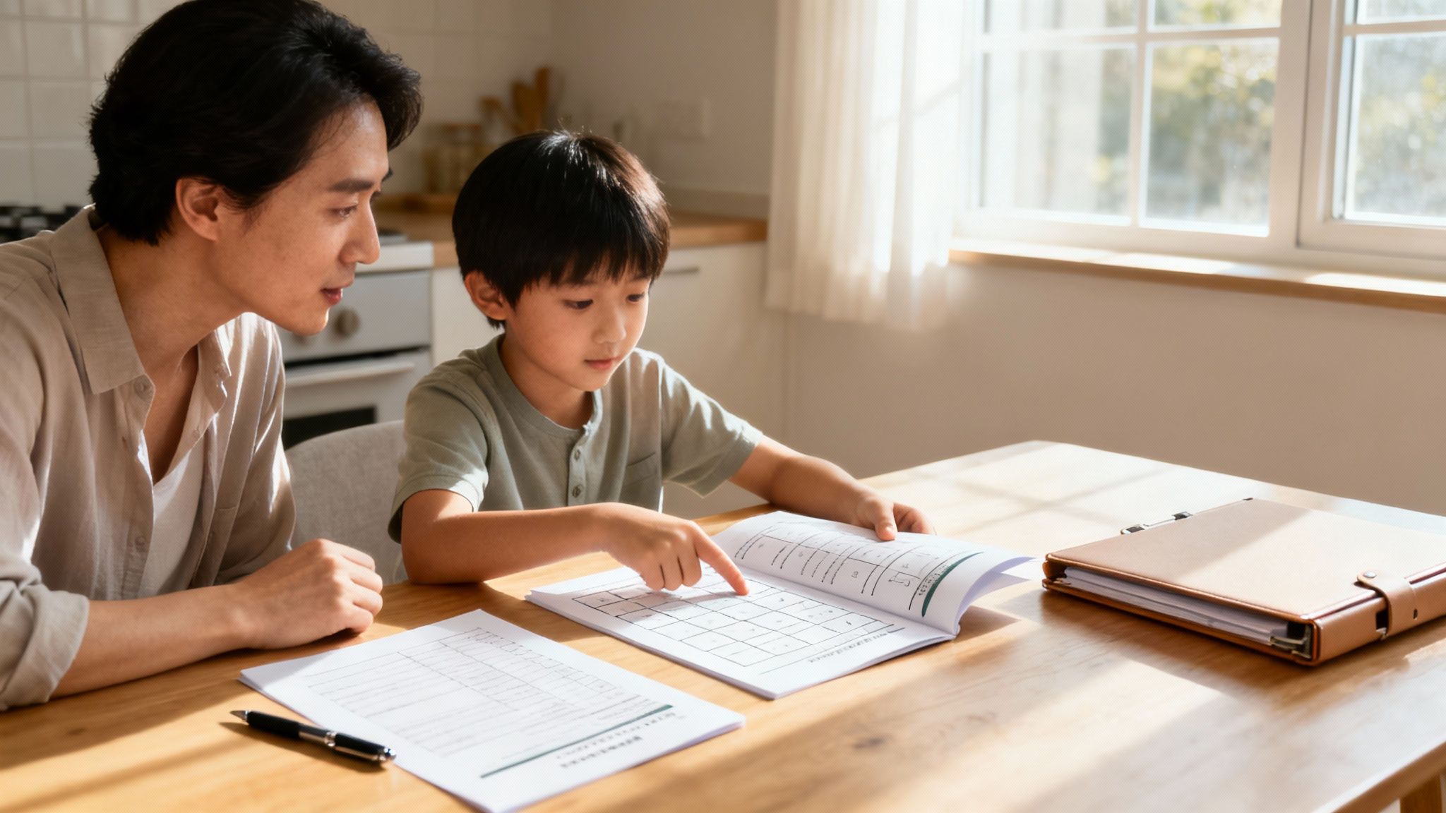 Un homme et un jeune garçon font leurs devoirs à une table, le garçon montre un livre.