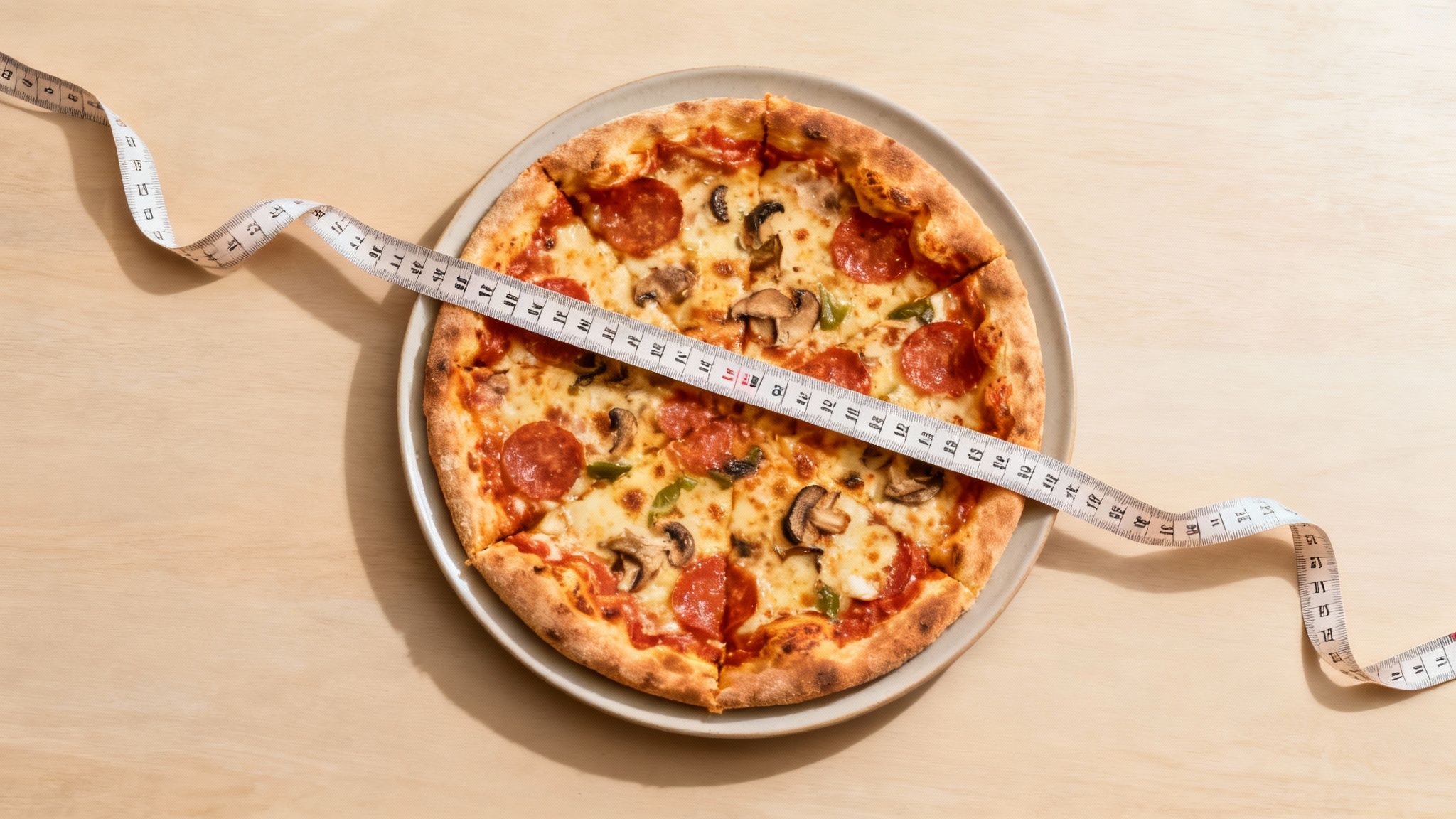 Vue de dessus d'une pizza aux pepperoni et champignons, entourée d'un mètre ruban sur une table en bois clair.