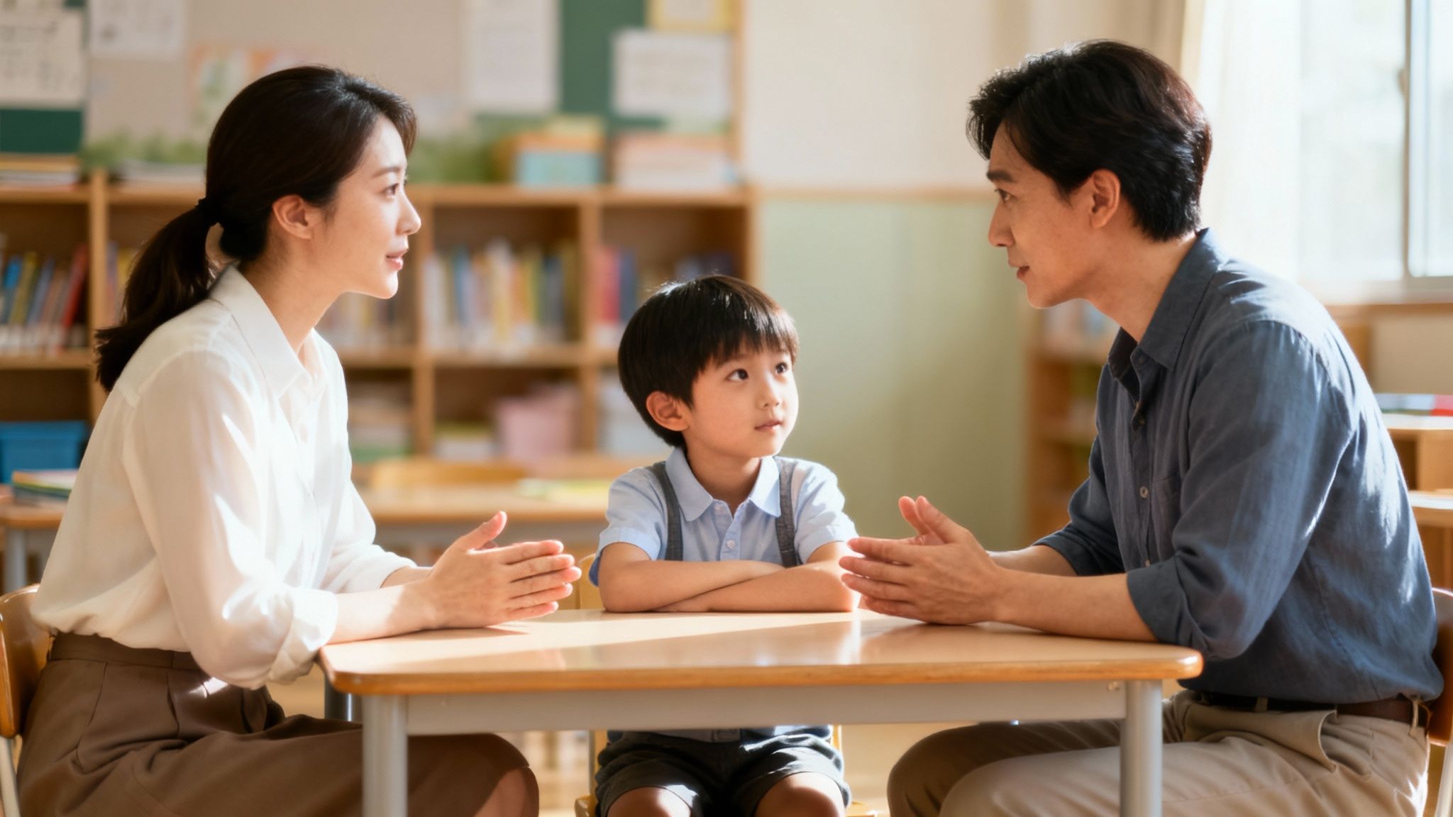 Une femme, un enfant et un homme discutent à un pupitre dans une salle de classe.