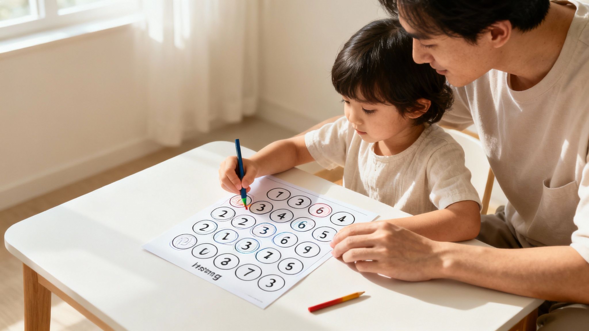 Enfant apprenant les mathématiques avec les nombres, accompagné d'un adulte à la maison