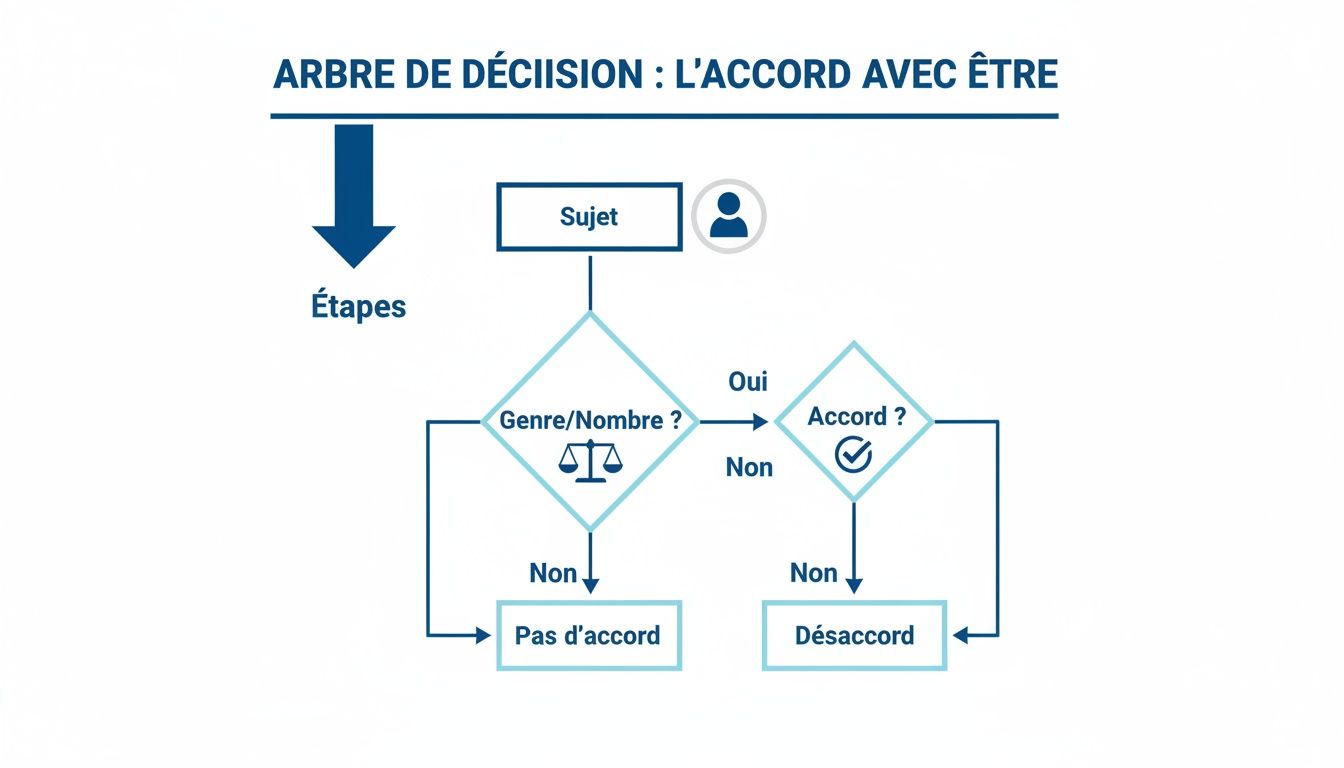 Diagramme d'arbre de décision expliquant l'accord du participe passé avec l'auxiliaire être, abordant le genre et le nombre.