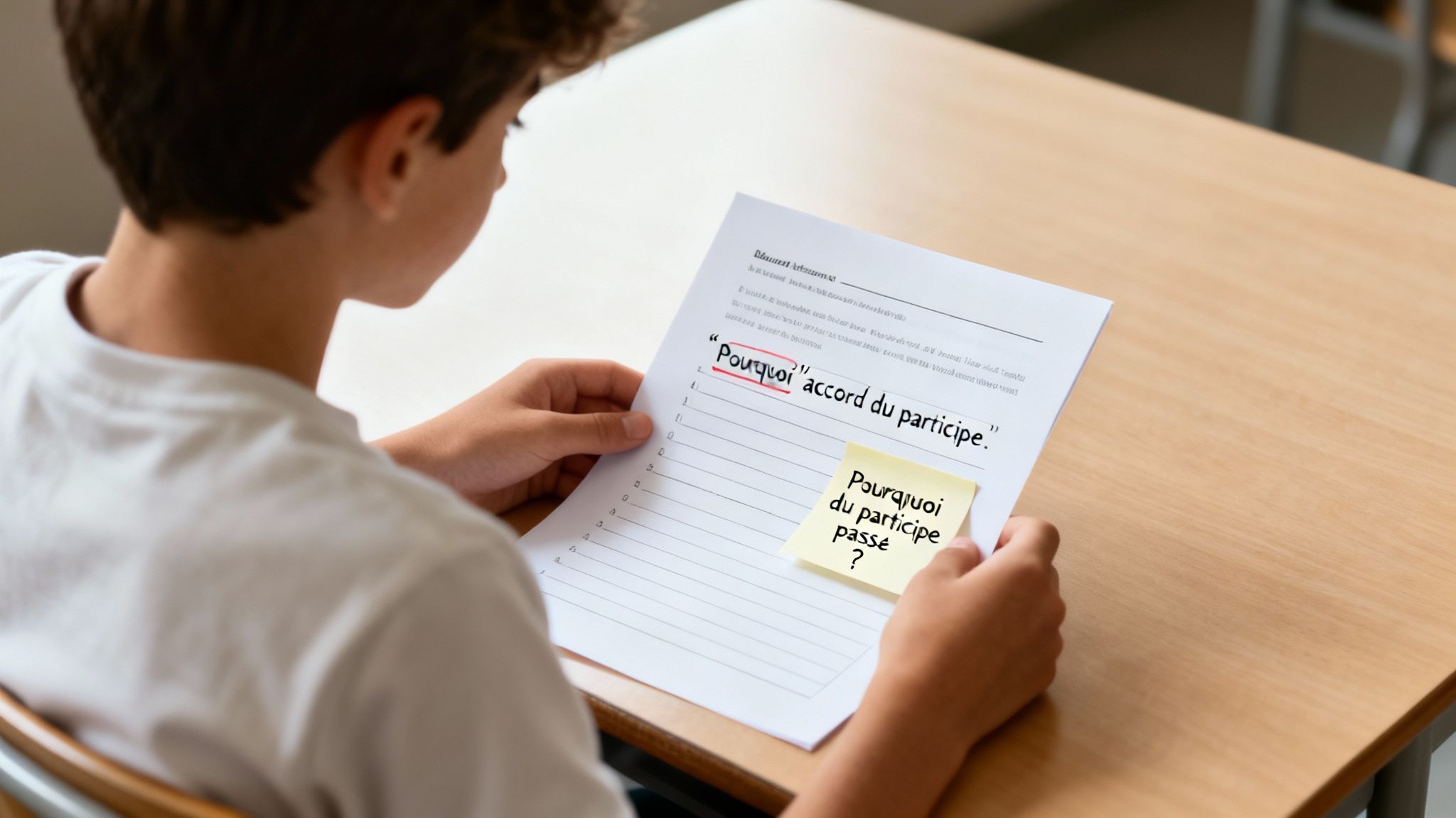 Un élève étudie un document avec des questions sur l'accord du participe passé en français.