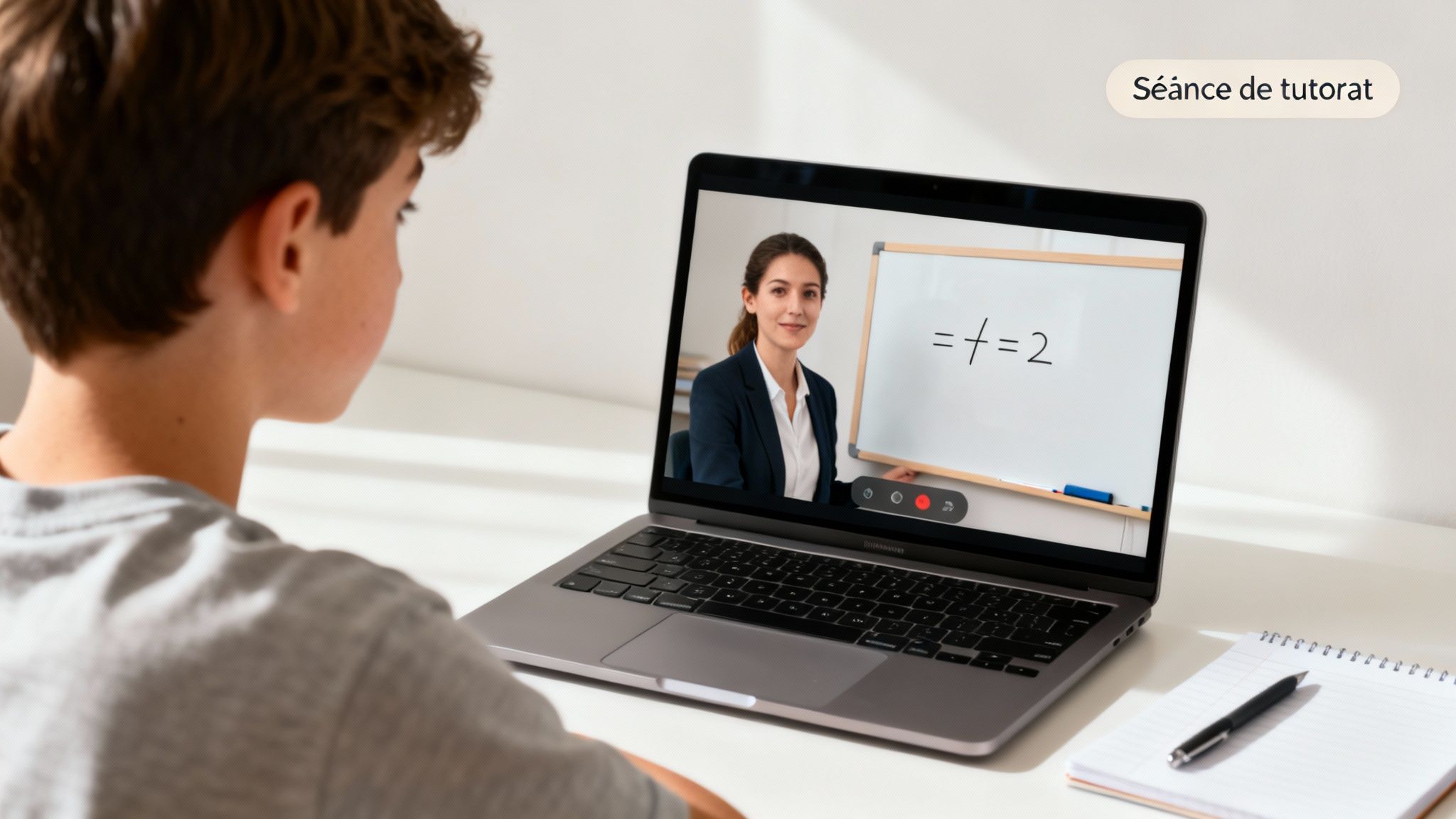 Un jeune élève suit une séance de tutorat en ligne sur un ordinateur portable, avec une enseignante expliquant les mathématiques sur un tableau blanc.