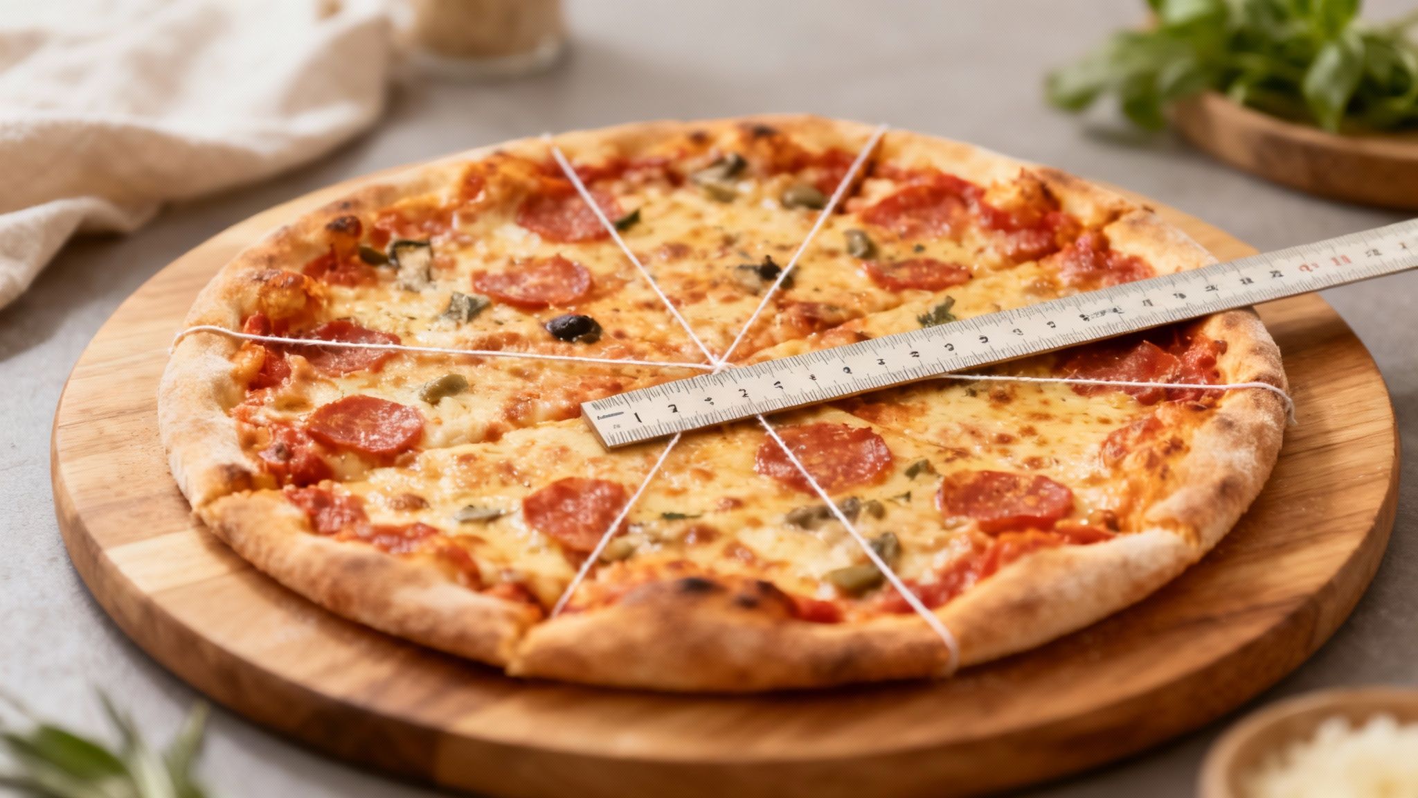 Une pizza pepperoni sur une planche en bois, avec une règle et des ficelles pour la mesure du cercle.