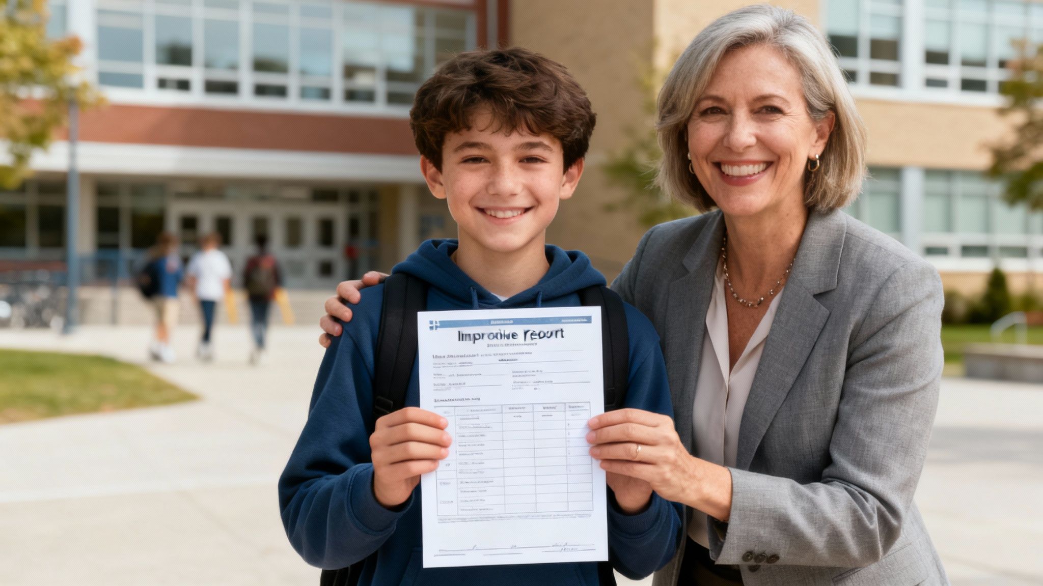Un tuteur et un élève célébrant une réussite ensemble devant un ordinateur portable.