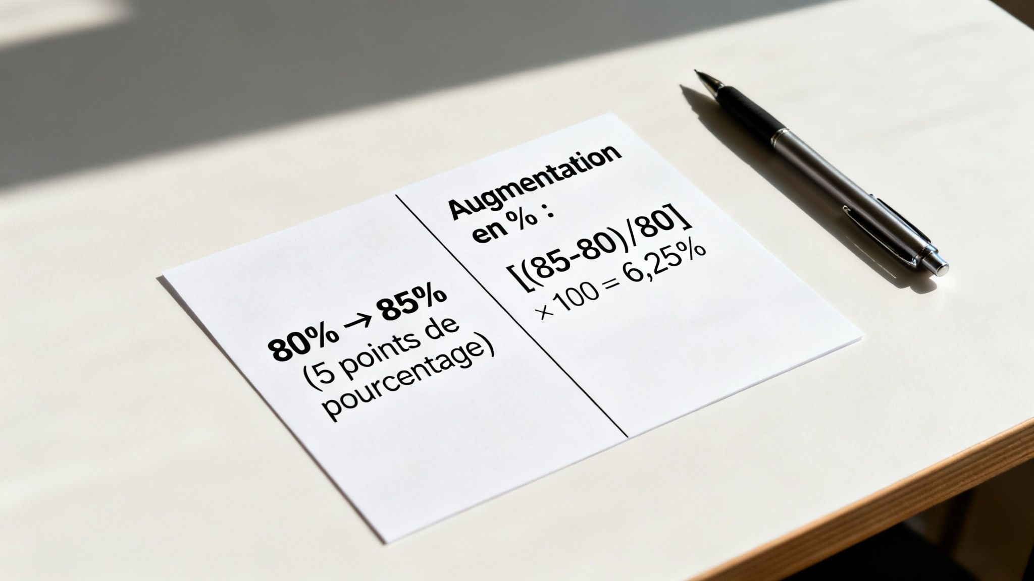 Une feuille de papier posée sur un bureau blanc montrant le calcul d'une augmentation de pourcentage et de points de pourcentage, à côté d'un stylo.