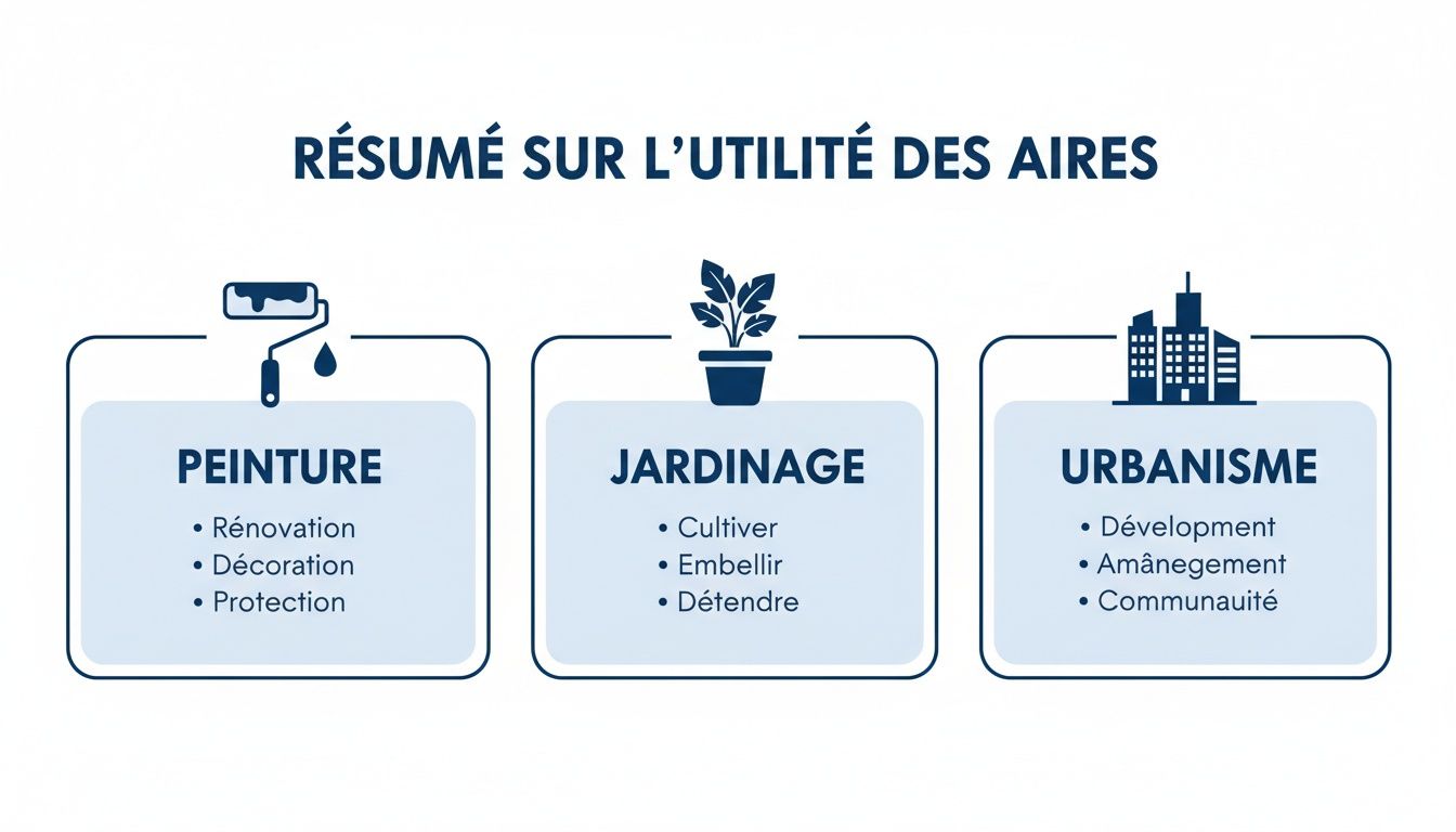 Infographie résumant l'utilité des aires dans la peinture, le jardinage et l'urbanisme, avec leurs applications spécifiques.
