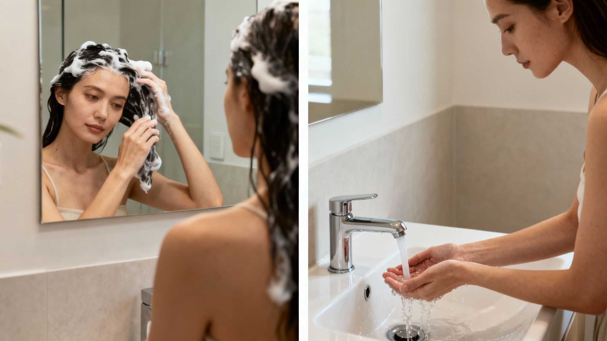 Une femme se lave les cheveux devant un miroir et une autre se rince les mains au lavabo.