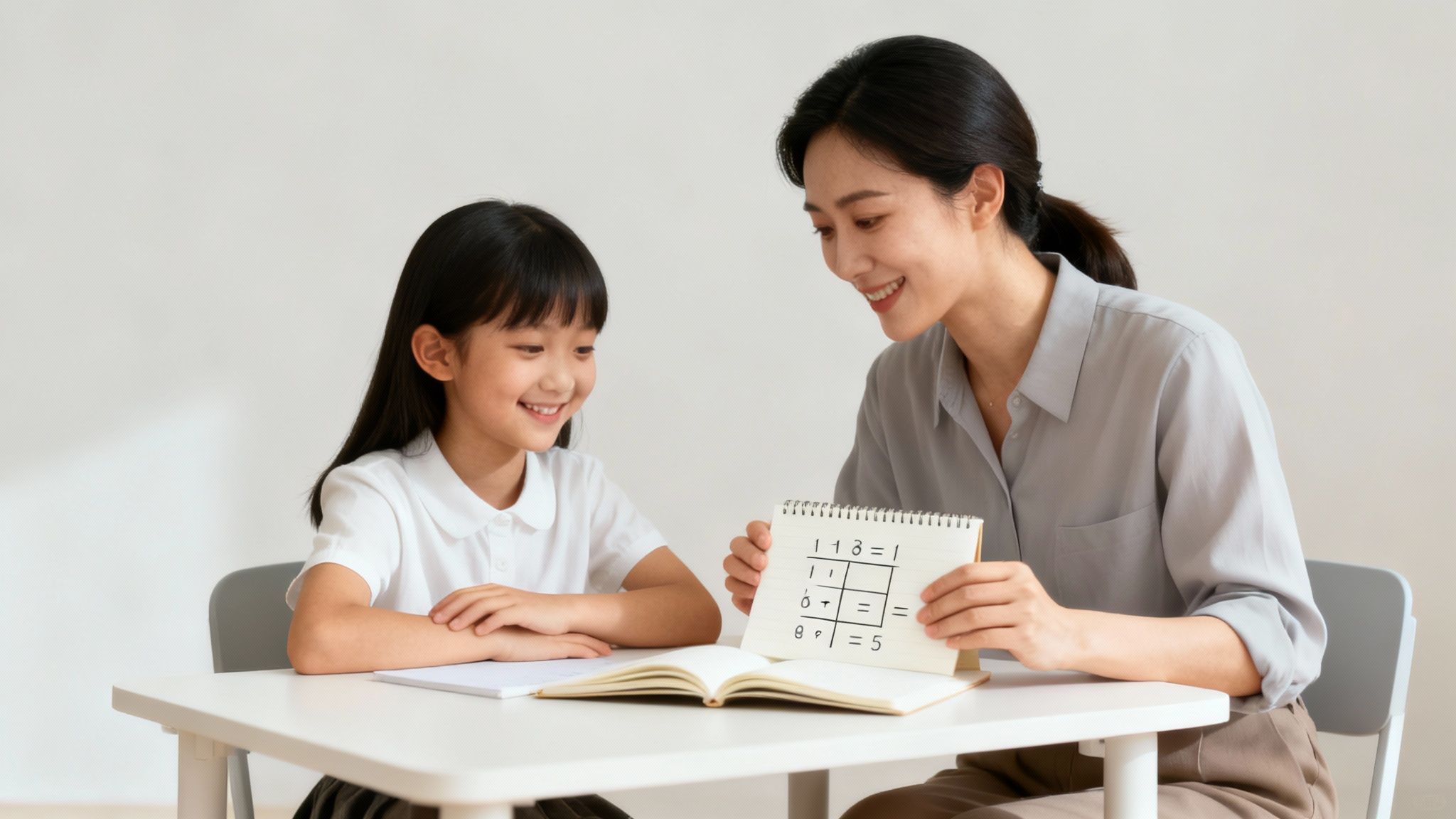 Un tuteur aidant un élève en mathématiques dans un environnement d'étude positif