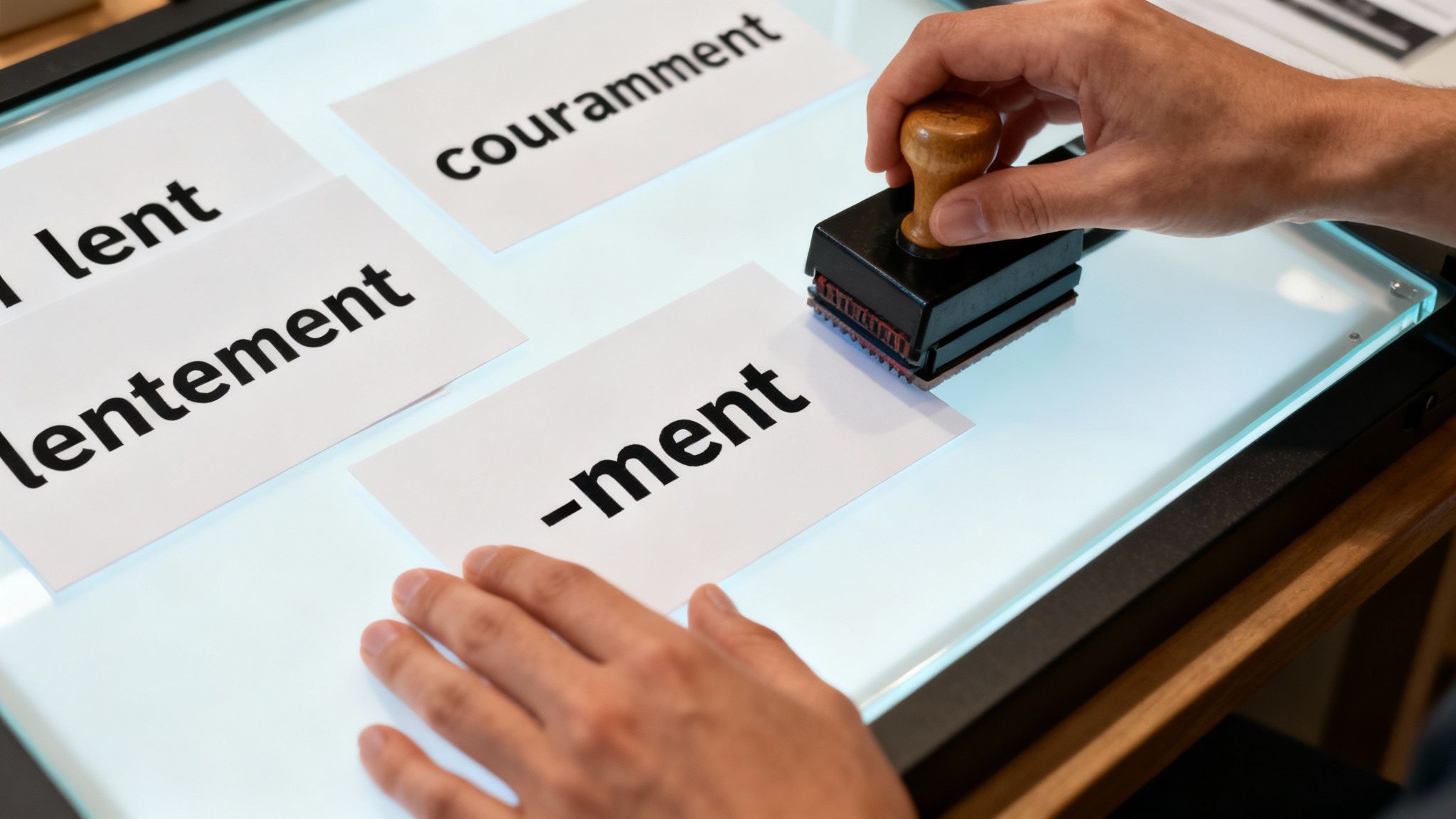 Une personne utilise un tampon sur une carte avec le suffixe '-ment' pour former des adverbes français sur une table lumineuse.