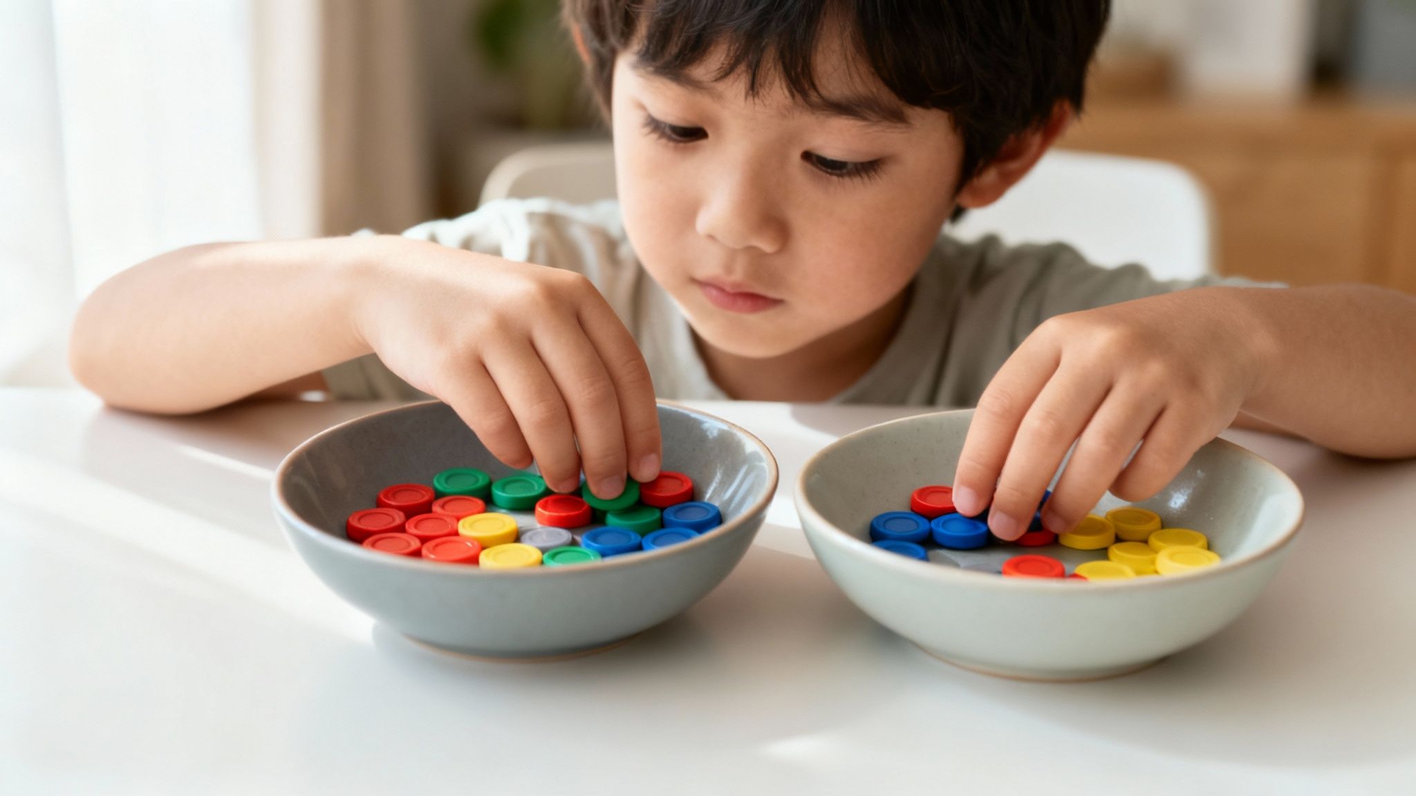 Jeune garçon concentré triant des jetons colorés dans des bols, activité éducative de mathématiques.