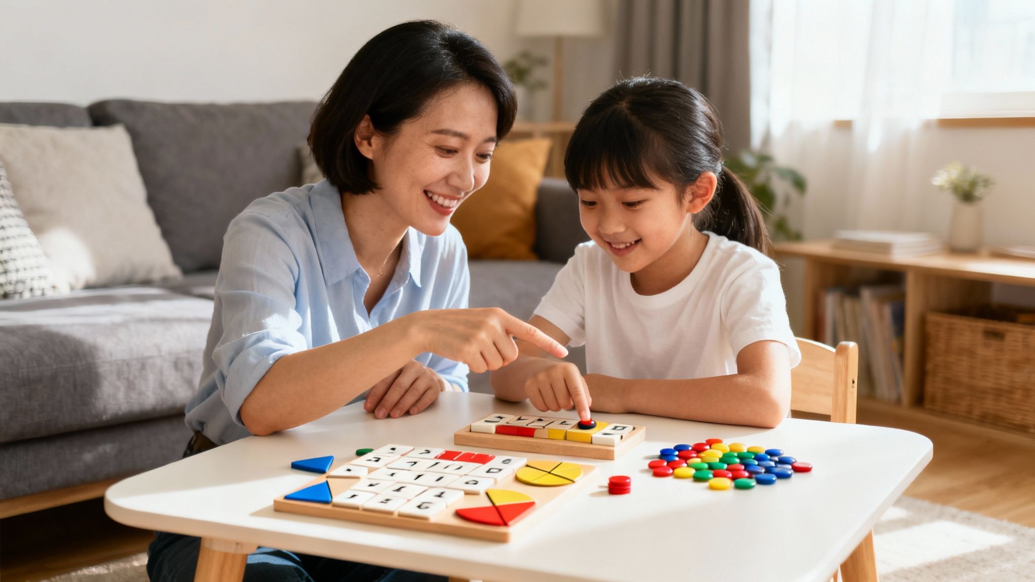 Une mère et sa fille souriantes jouent à un jeu de société éducatif avec des chiffres et des formes.