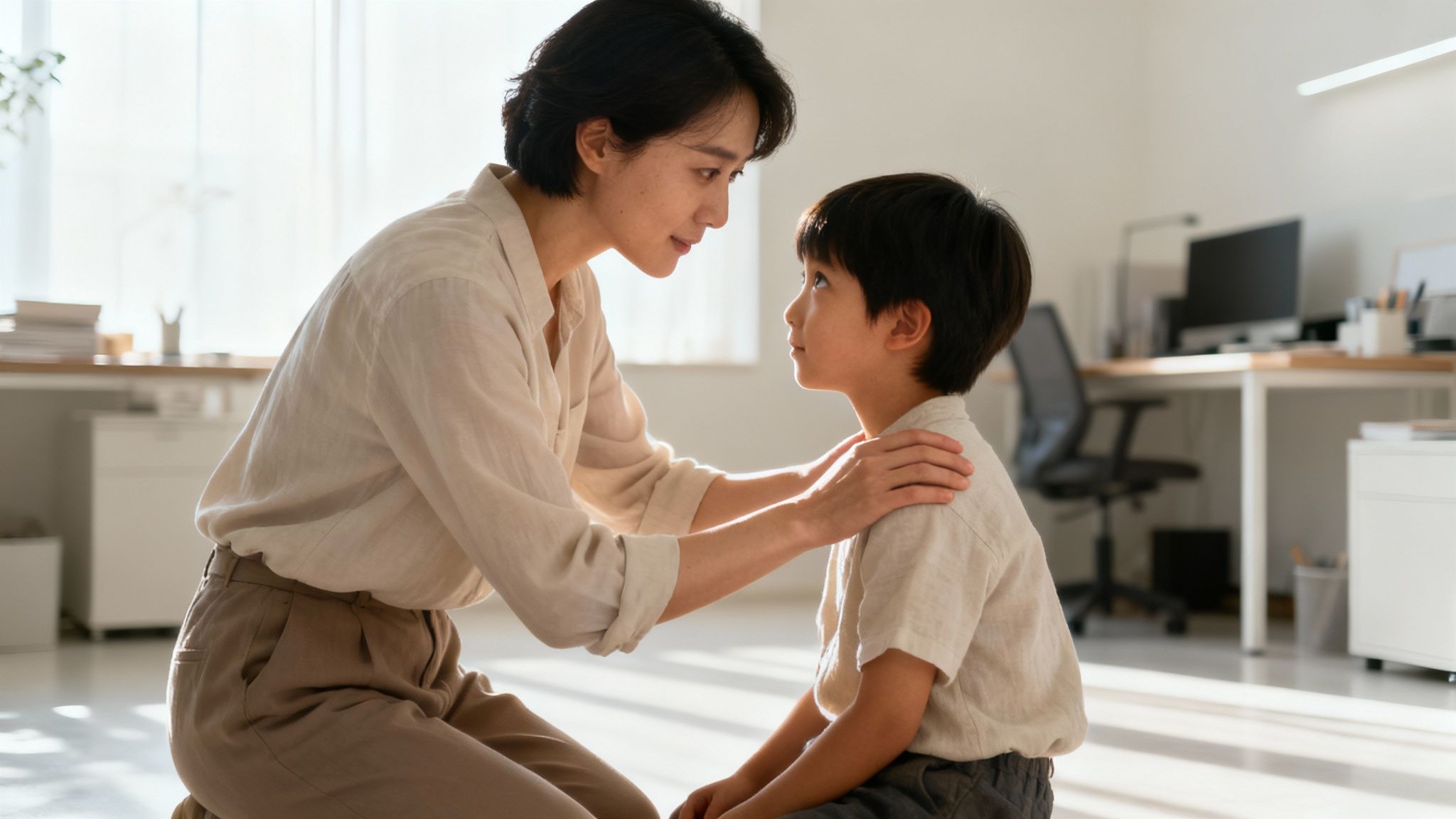 Parent et enfant travaillant ensemble dans un environnement calme