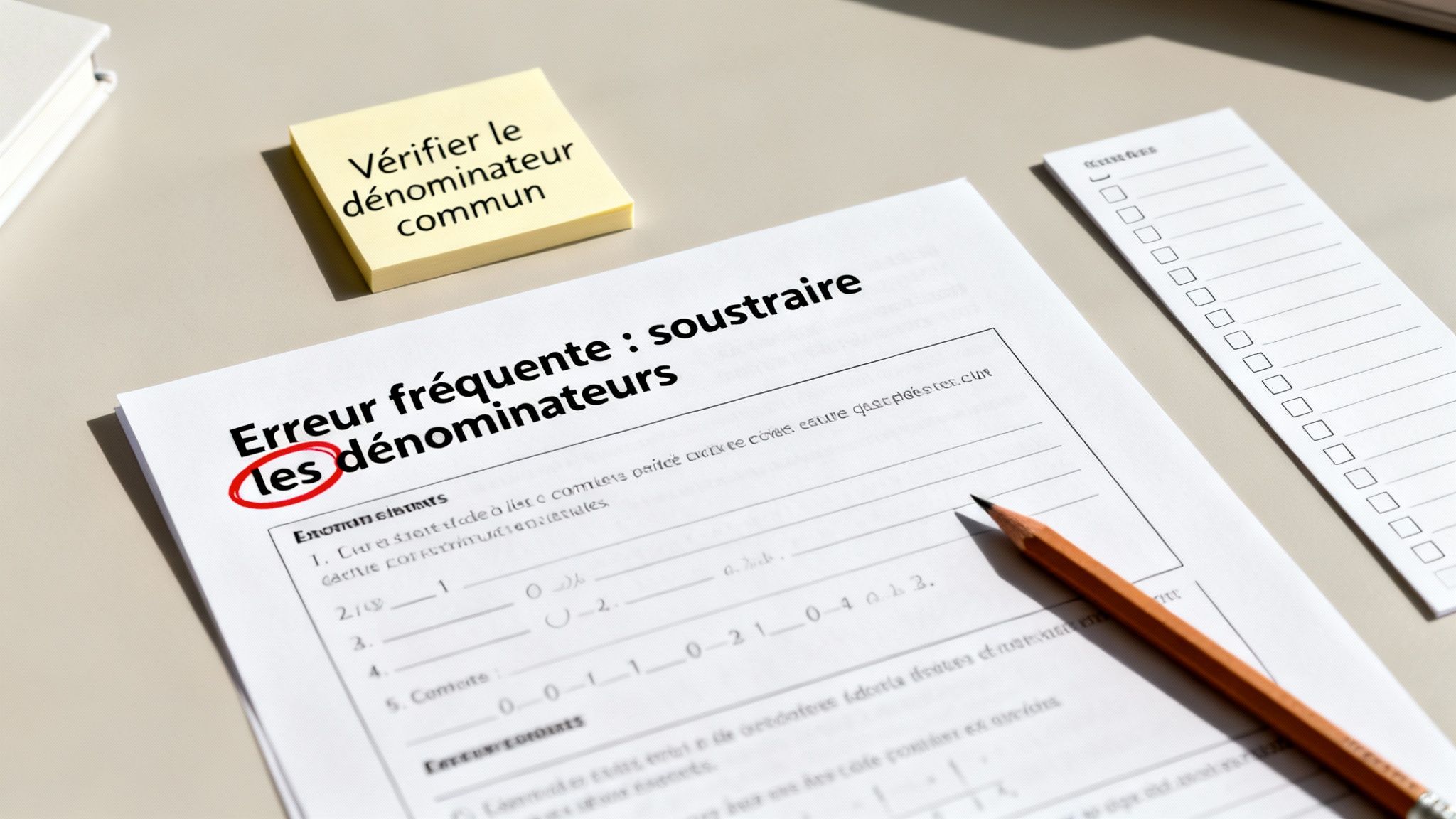Une feuille de travail sur les fractions avec une erreur courante cerclée et une note jaune rappelant de vérifier le dénominateur commun.