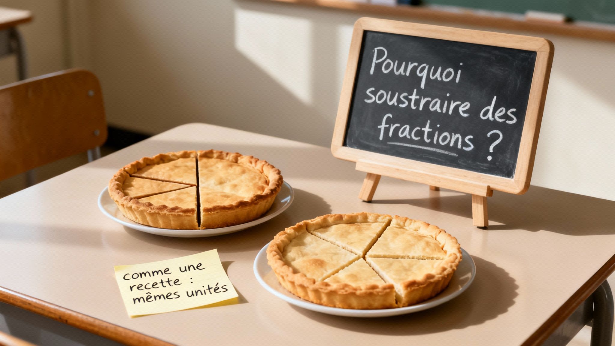 Une table de classe avec deux tartes coupées en parts, un tableau demandant comment soustraire des fractions et une note explicative.