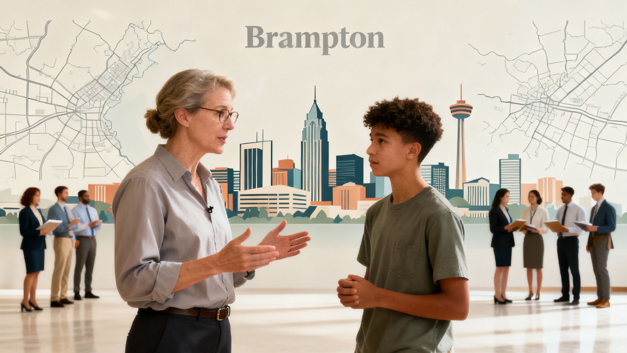 Une étudiante souriante travaillant avec un tuteur dans une bibliothèque lumineuse