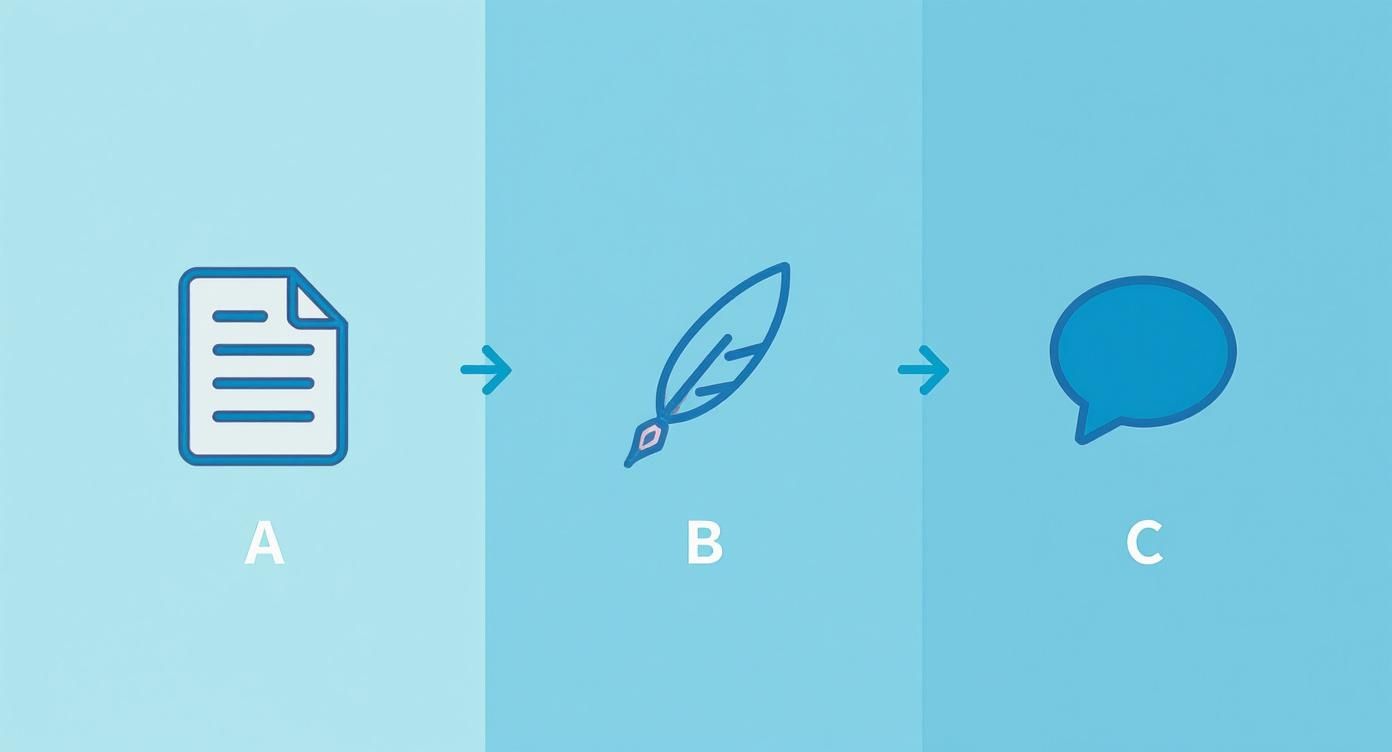 Infographie illustrant le déroulement de l'examen d'histoire de secondaire 4, avec des icônes pour la Section A (analyse de documents), la Section B (rédaction sur une période historique) et la Section C (explication d'une réalité sociale).