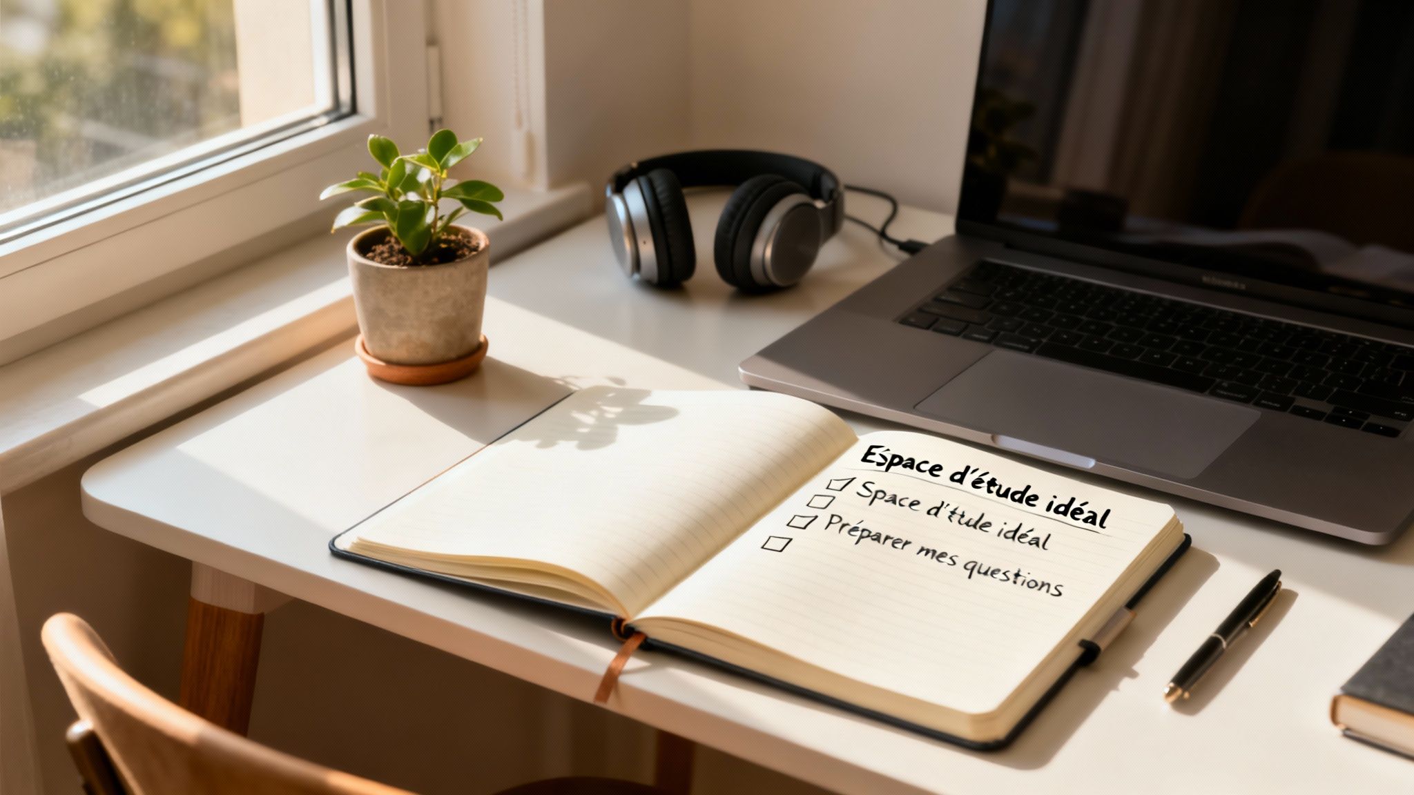 Un bureau d'étude bien rangé avec un ordinateur portable, un casque, une plante et un cahier ouvert avec une liste de tâches.