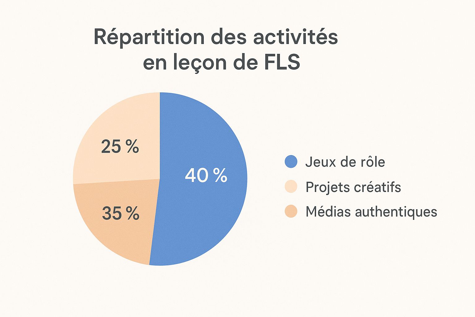 Infographie montrant une répartition des activités en leçon de FLS : 40 % Jeux de rôle, 35 % Projets créatifs, 25 % Médias authentiques.