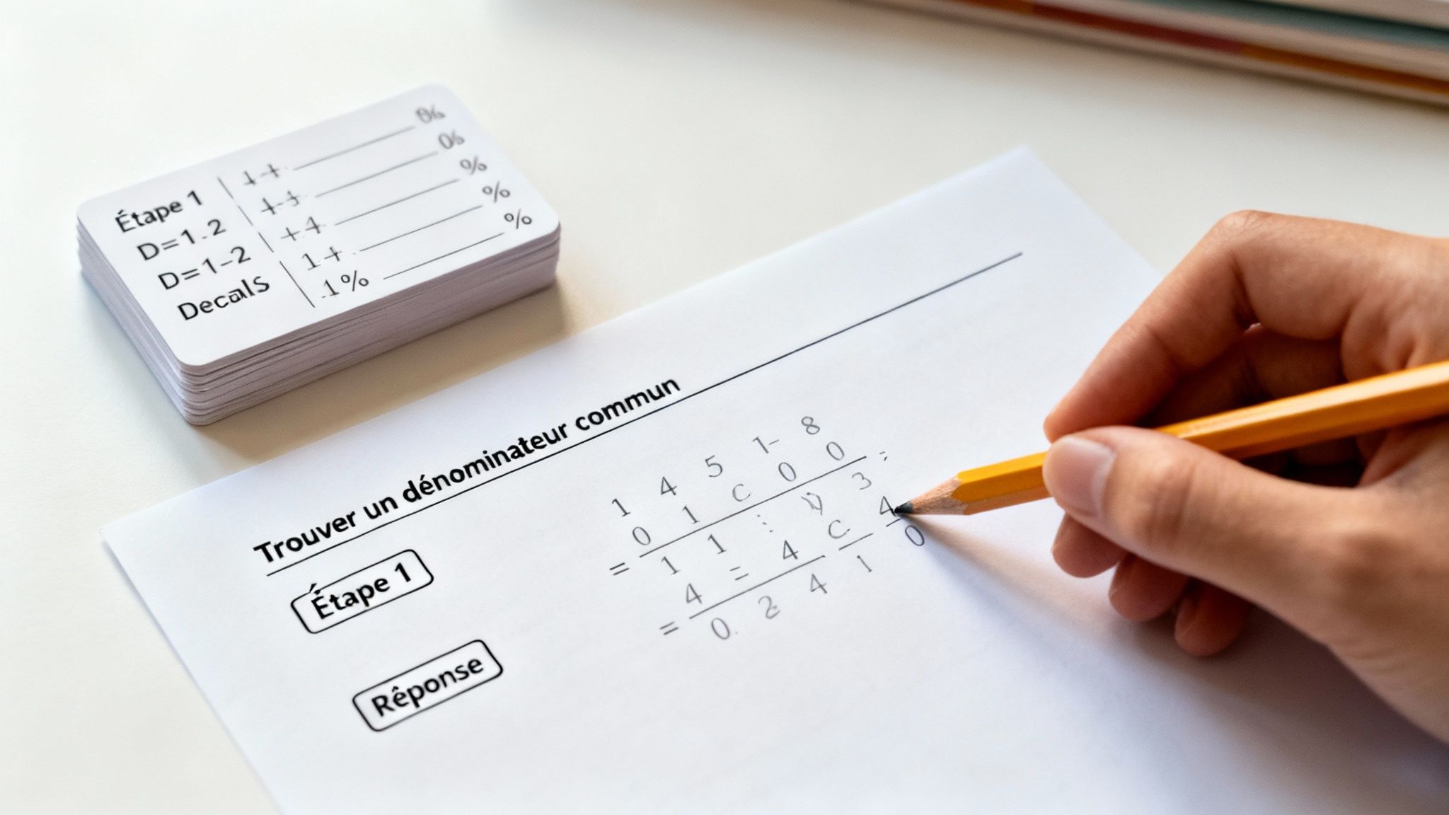 Une main écrit sur une feuille d'exercice de mathématiques intitulée "Trouver un dénominateur commun". Des cartes d'étude sont visibles en arrière-plan.
