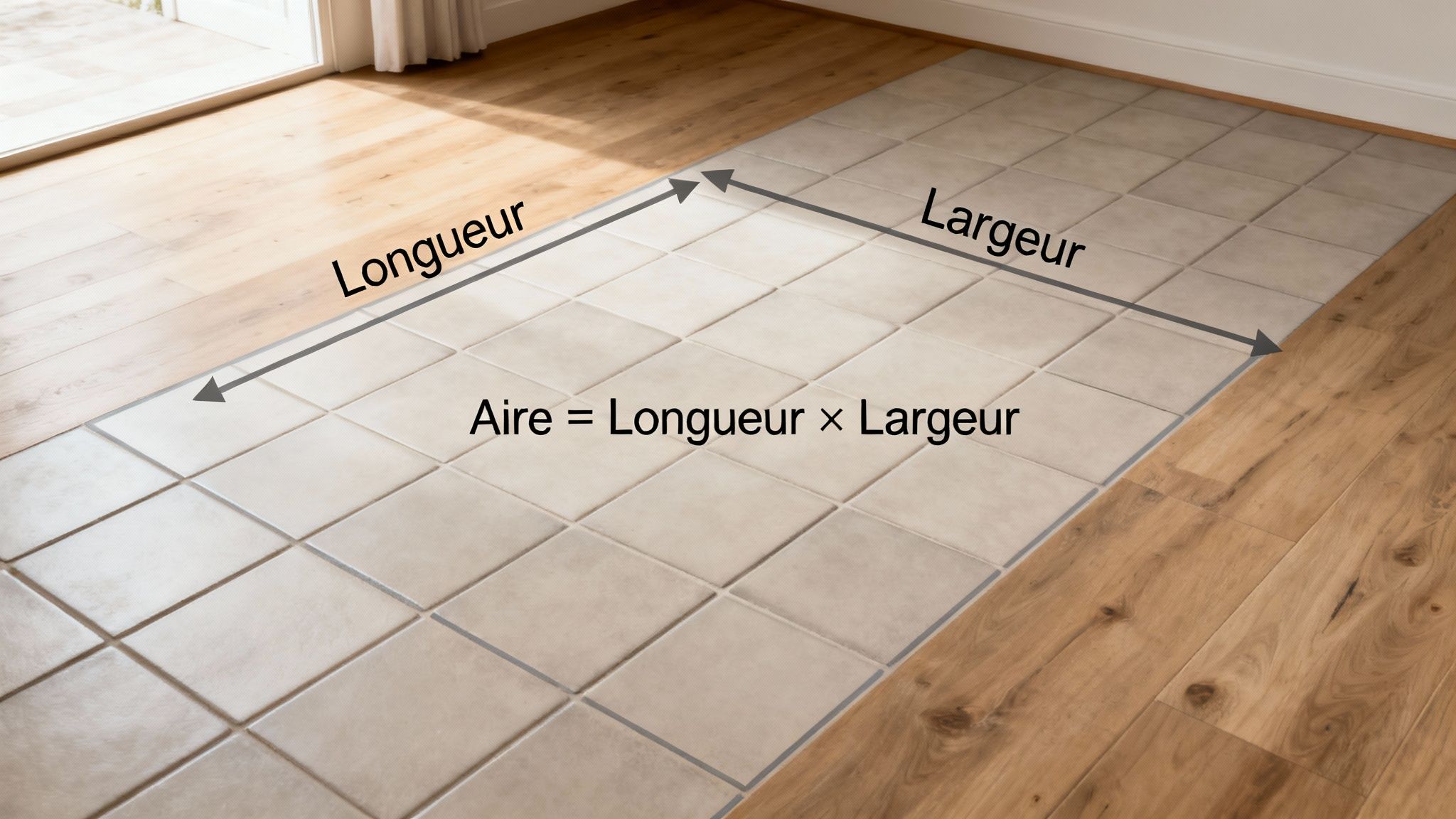 Une surface carrelée illustrant le calcul de l'aire d'un rectangle avec ses dimensions longueur et largeur.