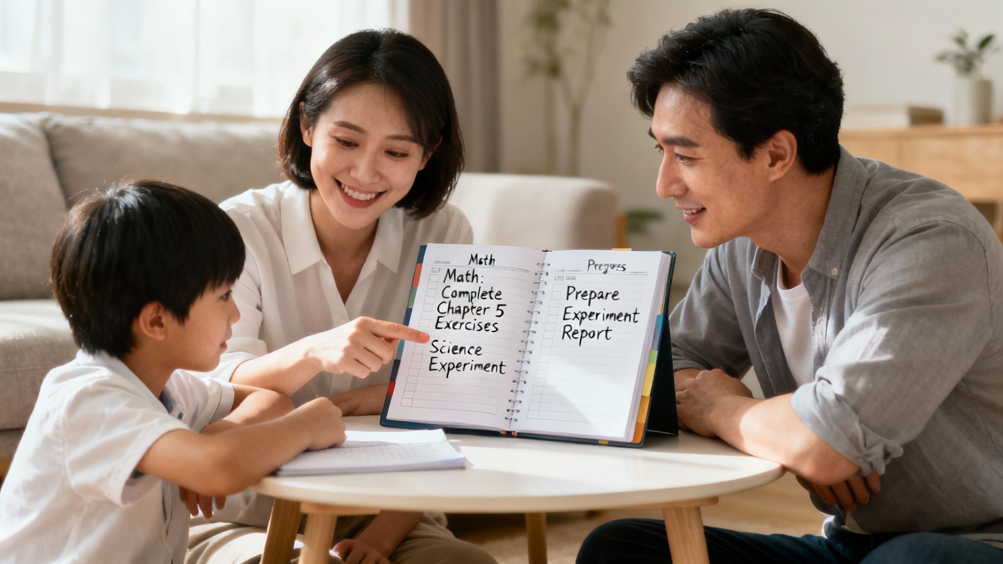 Un parent, un enfant et un tuteur discutant ensemble autour d'une table, symbolisant une collaboration réussie.