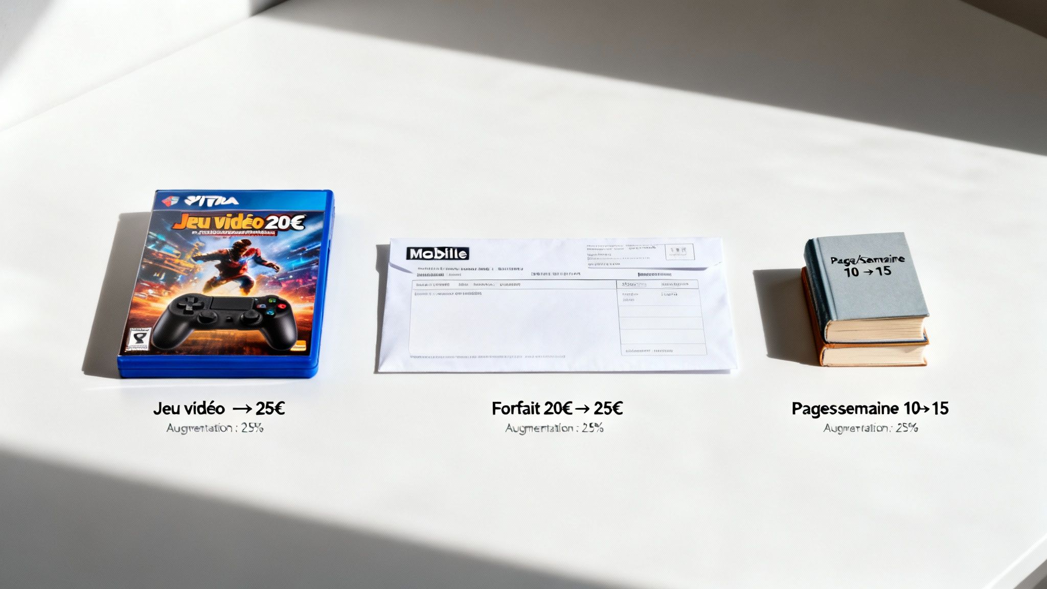 Trois exemples d'augmentation de prix ou de quantité : jeu vidéo, forfait, et pages de livre, avec un taux de 25%.