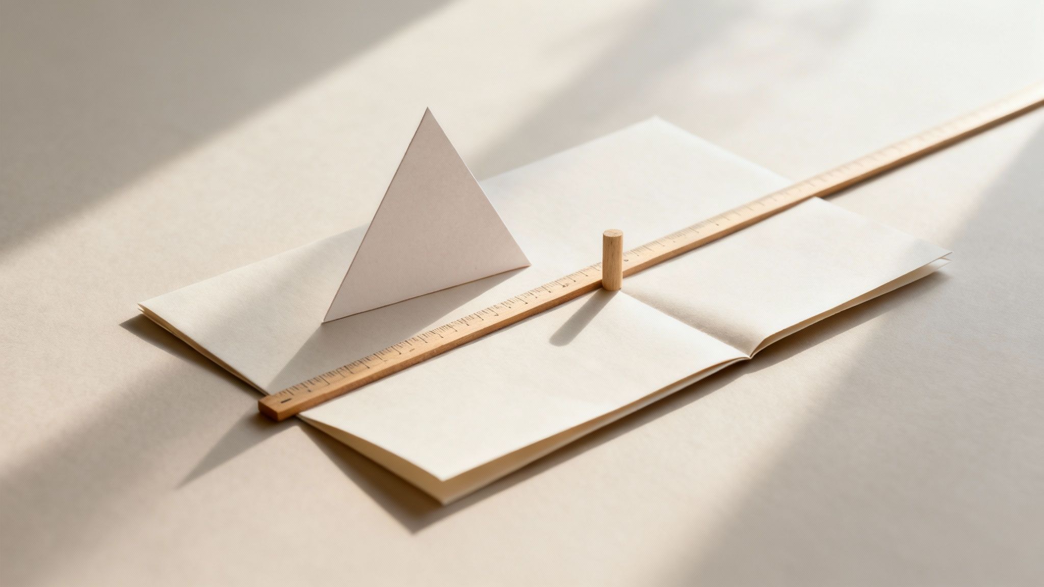 Un triangle en papier, un cahier ouvert, une règle et un cylindre en bois sur un fond neutre et ensoleillé.