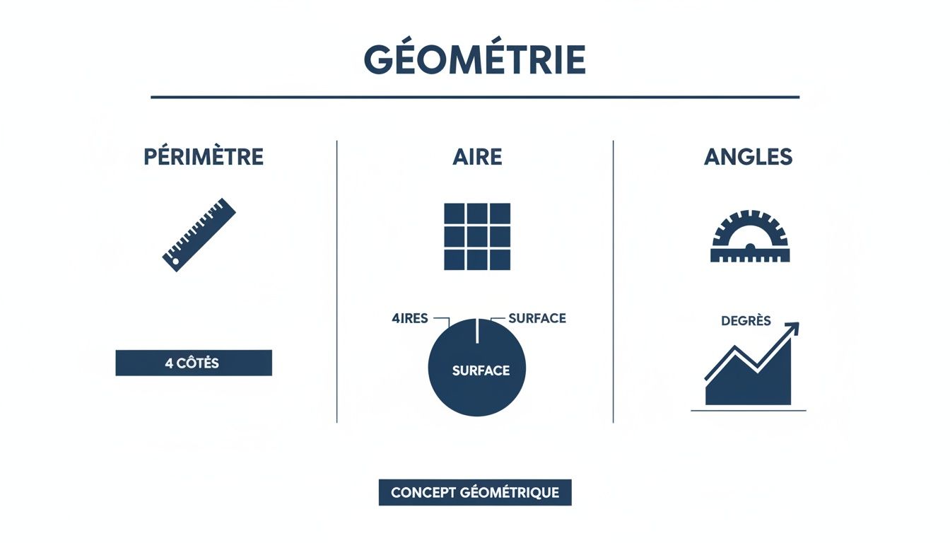 Infographie expliquant la géométrie, y compris le périmètre, l'aire et les angles avec des illustrations.