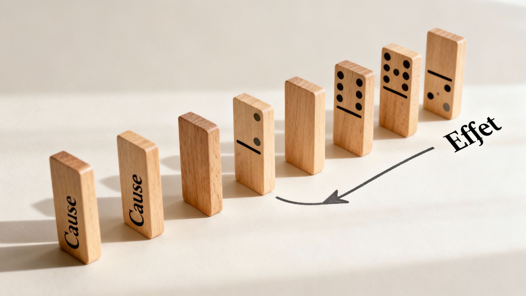 Des dominos en bois alignés, les premiers étiquetés "Cause", le dernier "Effet", illustrant la relation de cause à effet.