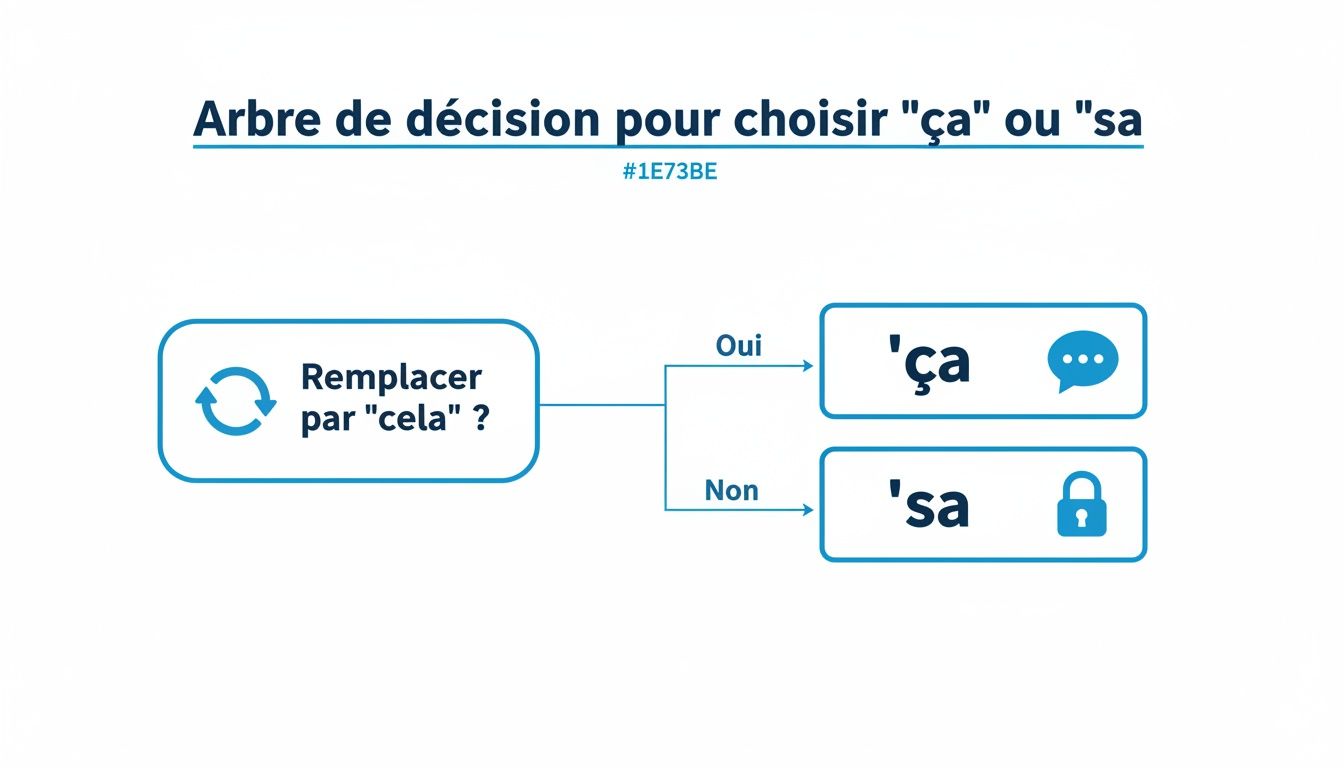 Arbre de décision expliquant quand utiliser 'ça' (pronom démonstratif) ou 'sa' (déterminant possessif).