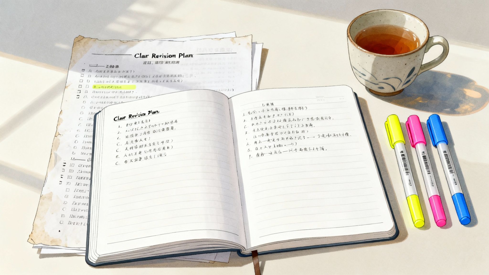 Un étudiant organise son bureau avec des livres, des notes et un ordinateur portable pour une session d'étude efficace.