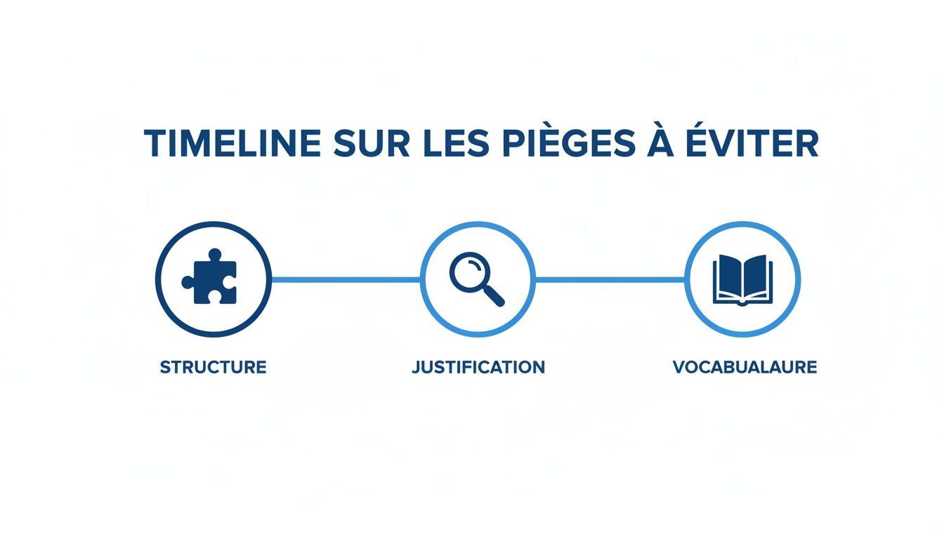 Une frise chronologique intitulée 'Timeline sur les pièges à éviter', illustrant la structure, la justification et le vocabulaire avec des icônes.