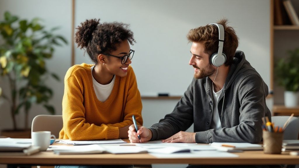 Un tuteur et un élève travaillent ensemble sur un ordinateur portable, illustrant les avantages du tutorat en ligne et en personne.