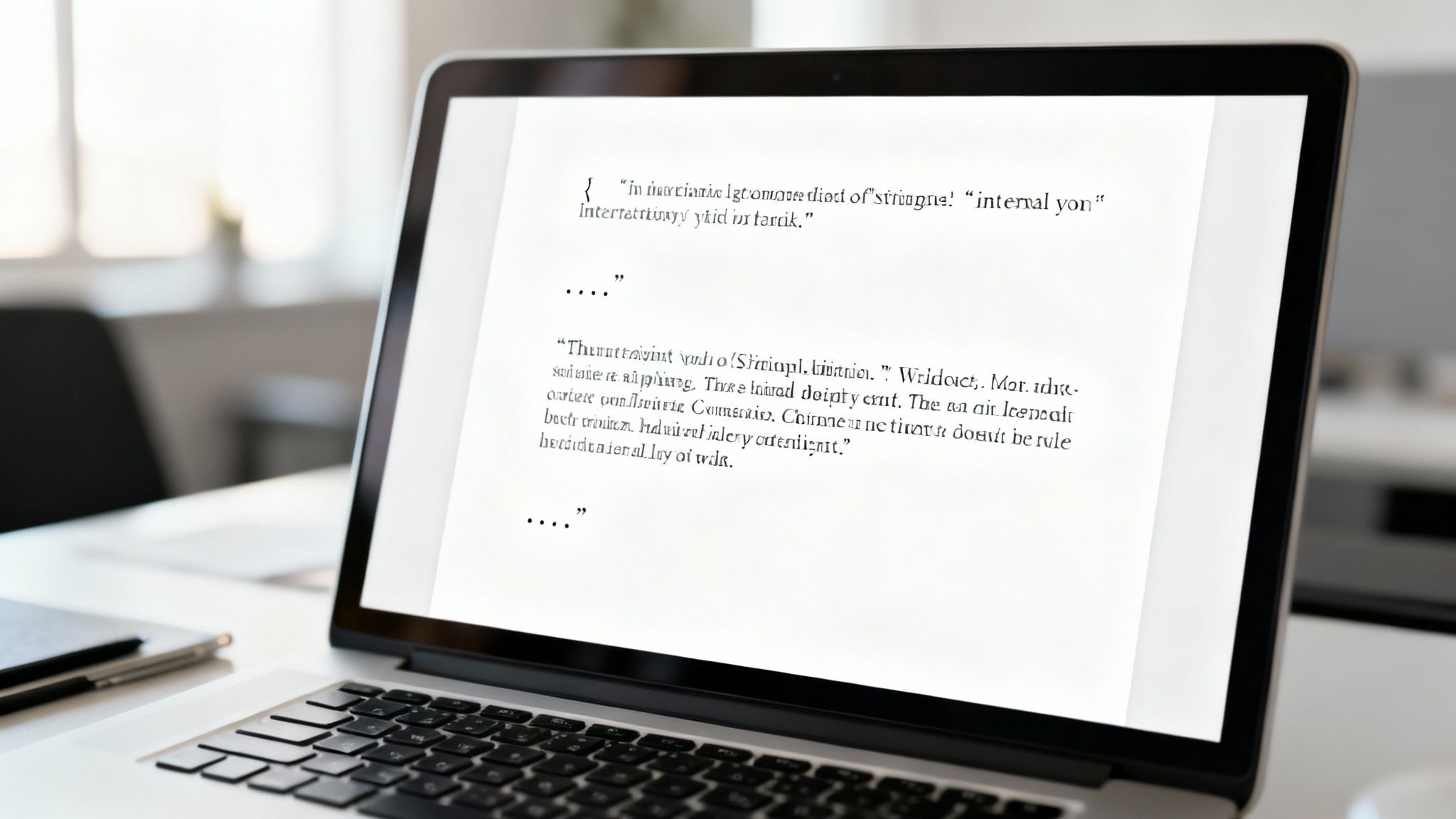 Écran d'ordinateur portable affichant un document avec des citations entre guillemets et des ellipses.