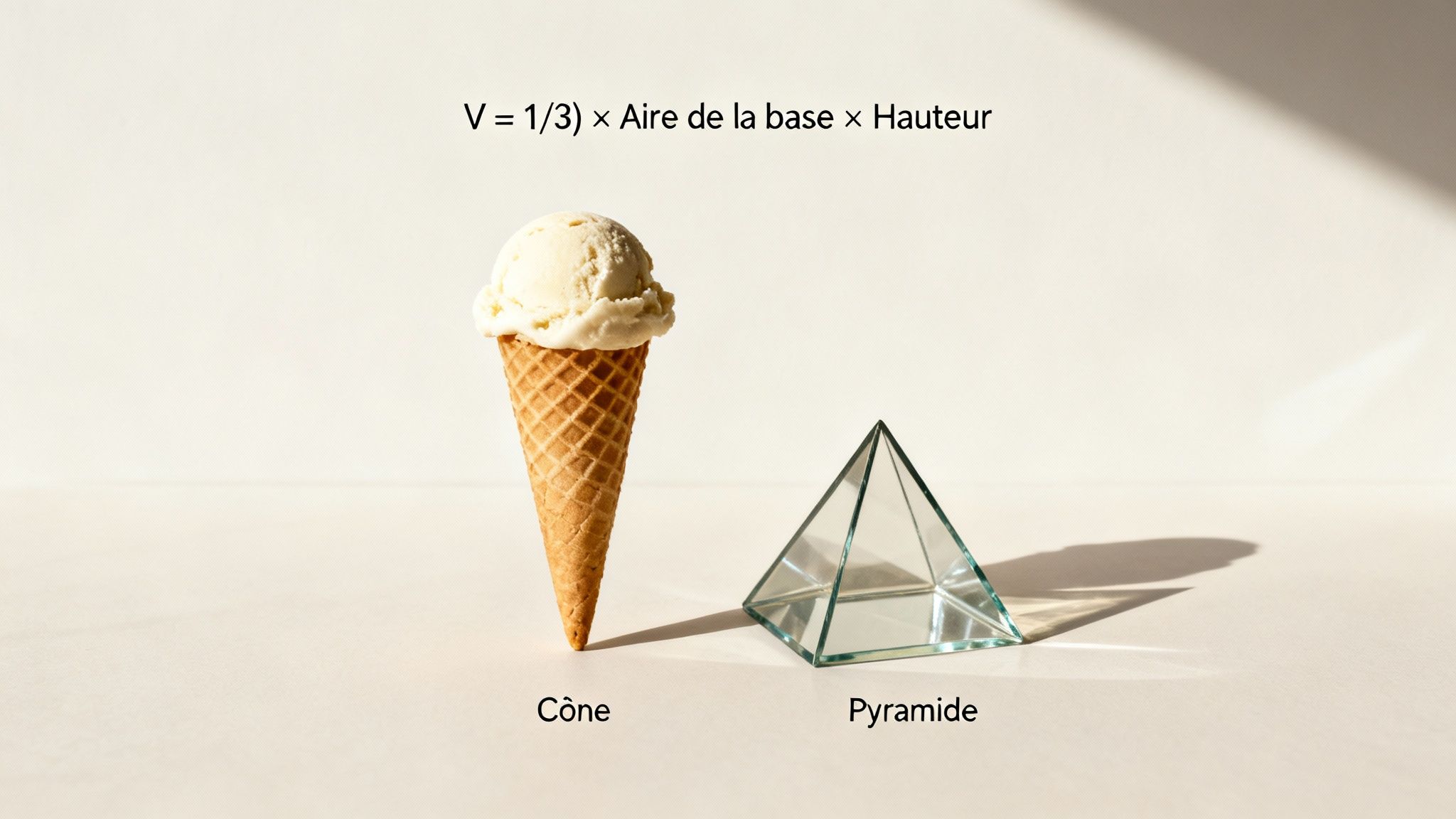 Image éducative d'un cornet de glace et d'une pyramide en verre avec la formule de calcul du volume.