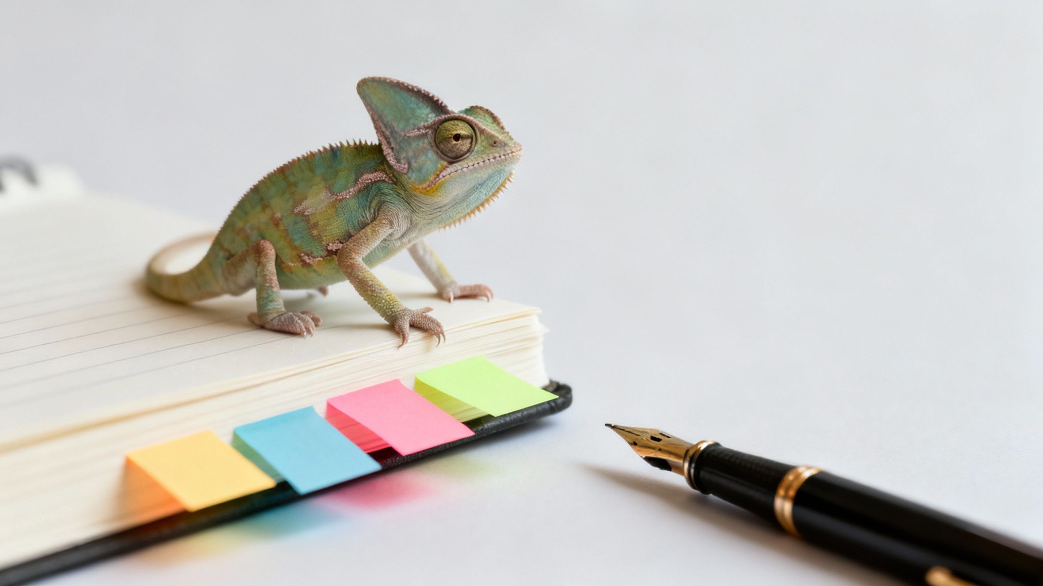 Un caméléon vert est posé sur un carnet ouvert avec des onglets marque-pages colorés, à côté d'un stylo-plume sur une surface blanche.
