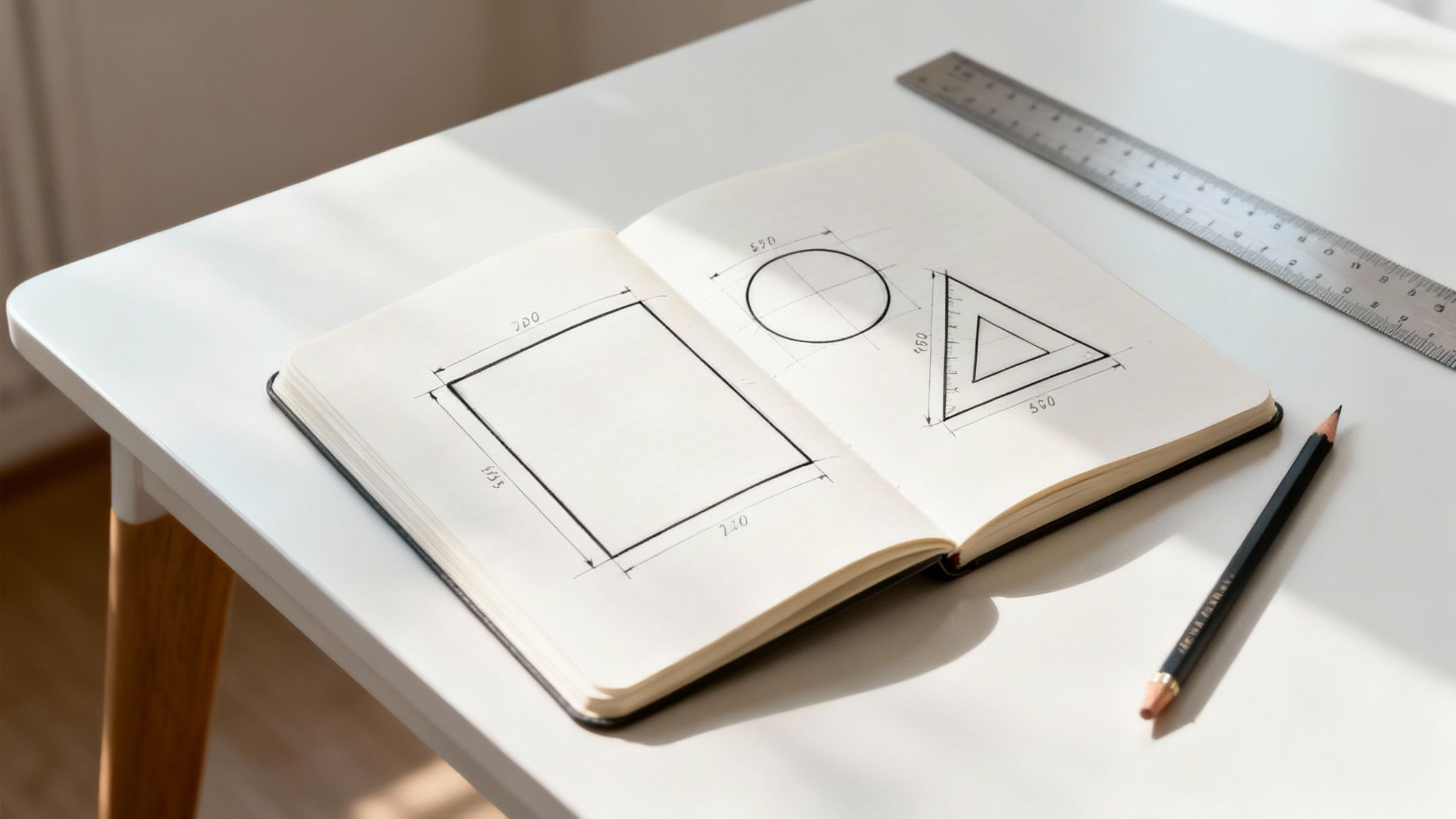 Quelqu'un dessine des formes géométriques sur un plan avec une règle et un crayon.