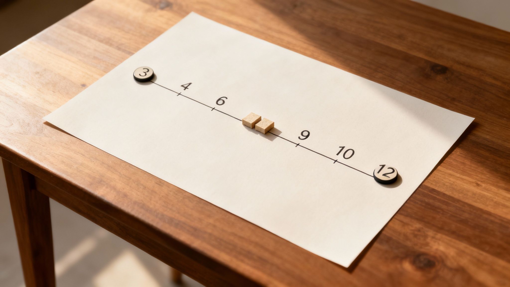 Ligne numérique montrant les multiples de 3 avec des jetons en bois sur fond blanc