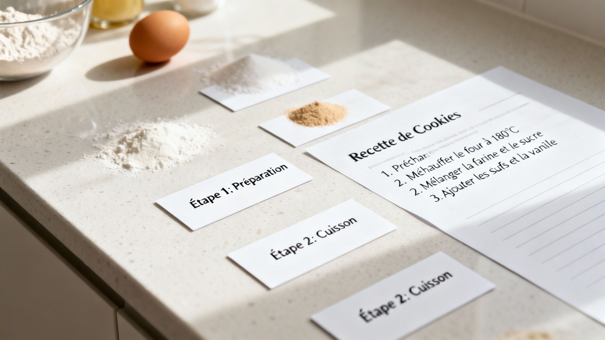 Ingrédients de pâtisserie et recette de cookies sur un comptoir, avec des étapes de préparation et cuisson.