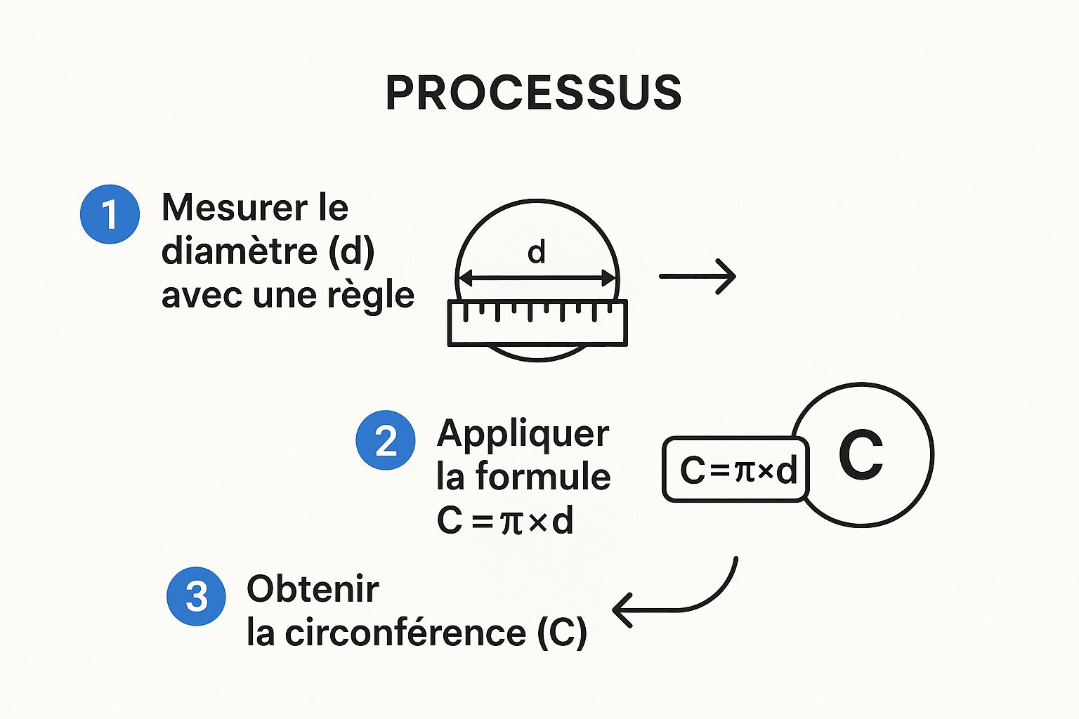 Infographie montrant les 3 étapes pour calculer la circonférence à partir du diamètre : Mesurer, Appliquer la formule C = π × d, et Obtenir le résultat.