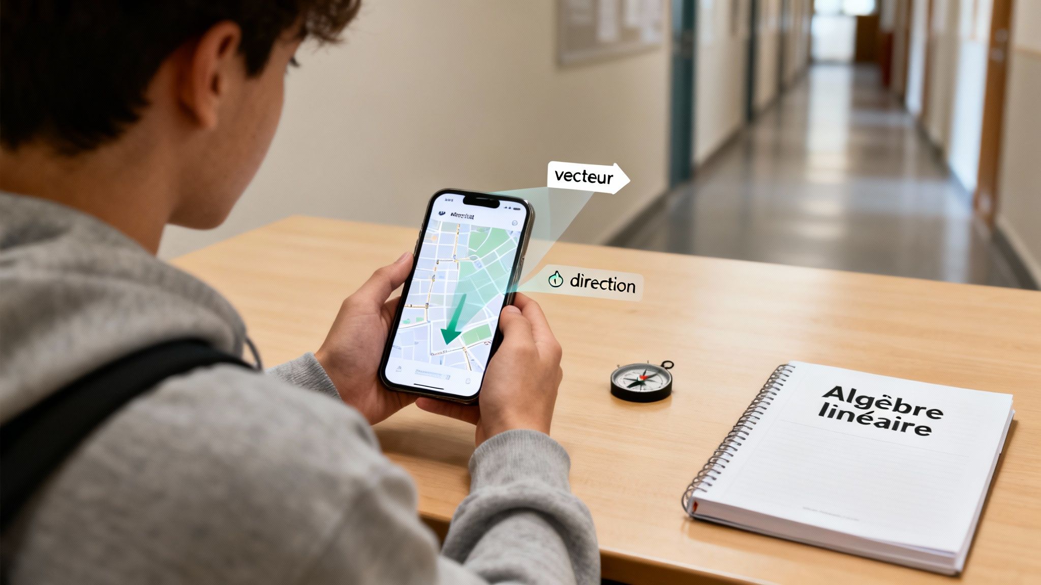Un étudiant visualise un vecteur et une direction sur une carte de téléphone, près d'une boussole et d'un cahier d'Algèbre linéaire.