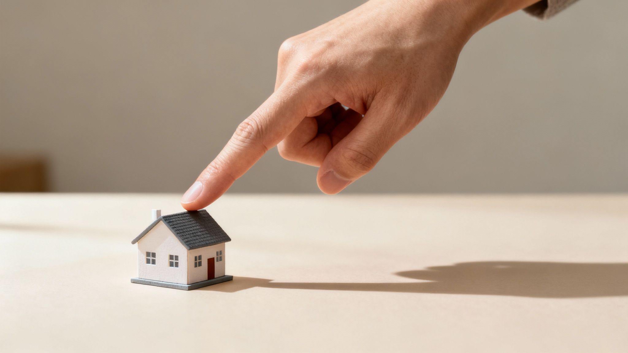 Une main pointe du doigt une petite maison miniature sur une table claire, symbolisant l'achat immobilier ou le choix de logement.