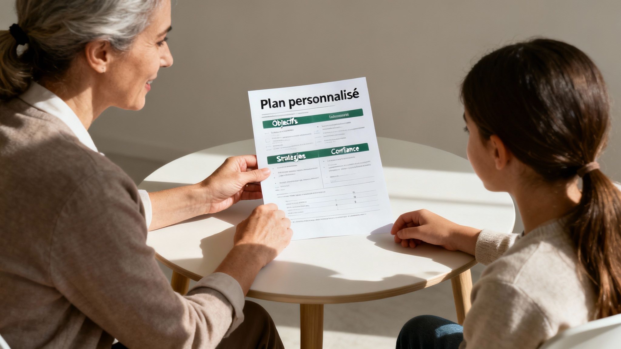 Une femme et une jeune fille regardant attentivement un document intitulé 'Plan personnalisé' sur une table.