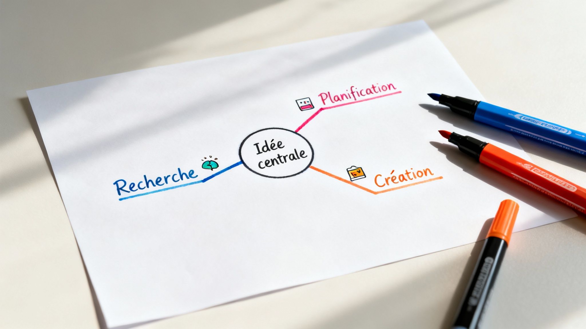 Carte mentale colorée présentant une idée centrale avec des branches pour la recherche, la planification et la création.